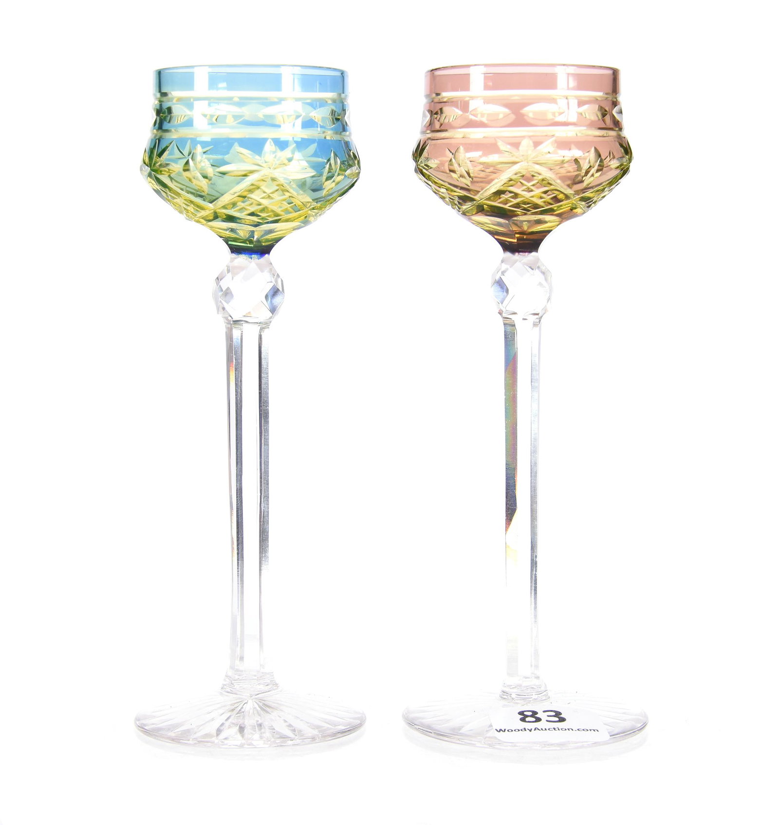 (2) Cordials, BPCG, By Val St. Lambert: (2) Cordials, BPCG, By Val St. Lambert, 5.25", Both With Matching Diamond And Mitre Motif, (1) Blue Over Yellow, (1) Amethyst Over Yellow, Private Collection, CT
