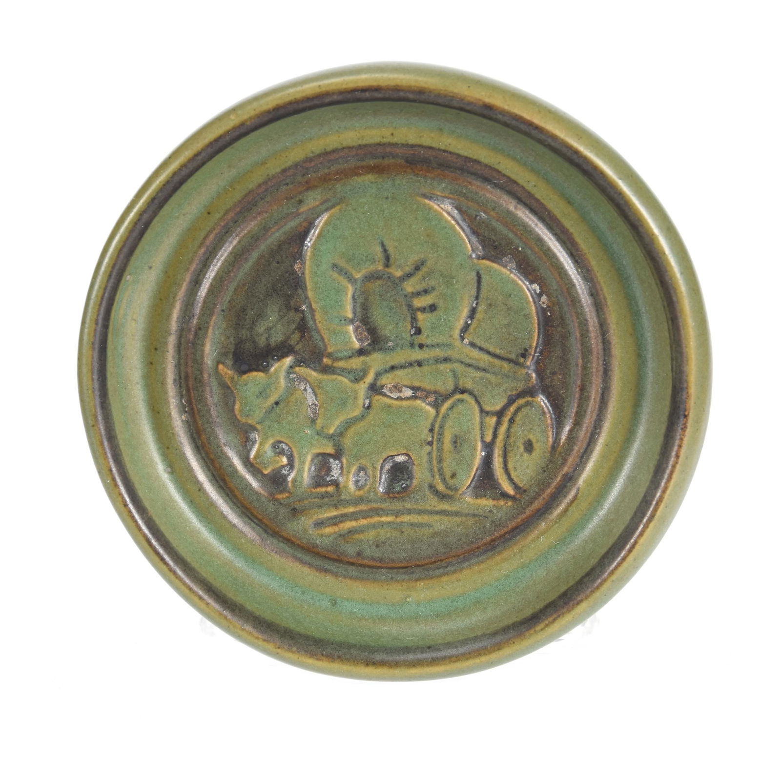 Coaster Marked University Of North Dakota: Coaster Marked University Of North Dakota, 4", School Of Mines, Artist Marked & Dated "H 58", Green Glaze With Embossed Ox & Wagon Design, Ramsey Estate Collection, KS