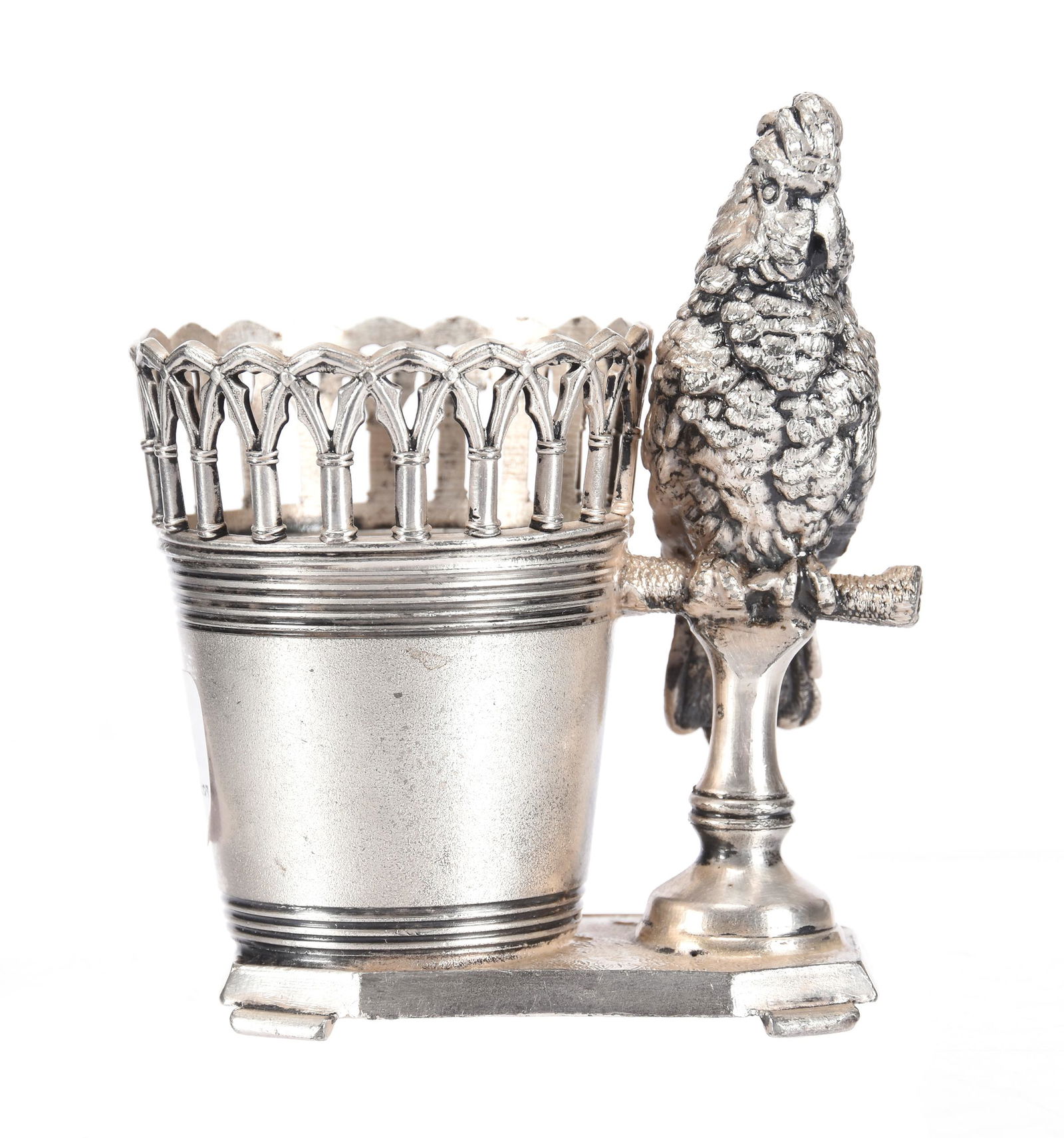Victorian Toothpick Holder, Silverplate, Tufts #2694: Victorian Toothpick Holder, Silverplate, Tufts #2694, 3.5", Figural, Parrot Perched By Holder, Private Collection