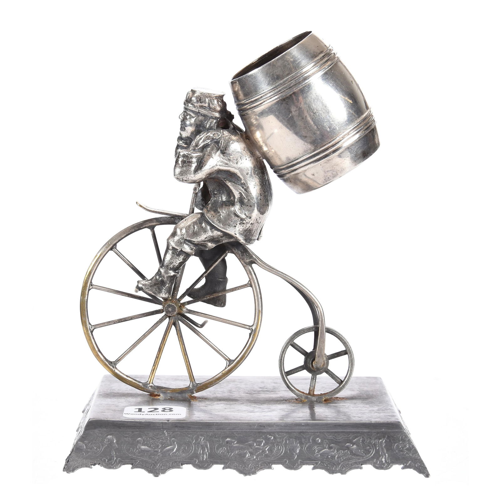 Figural Toothpick Holder, Silverplate: Figural Toothpick Holder, Silverplate, 6" X 5", High Wheel Bicycle With Rider Carrying Barrel On Back, Maker's Mark Not Visible, Private Collection