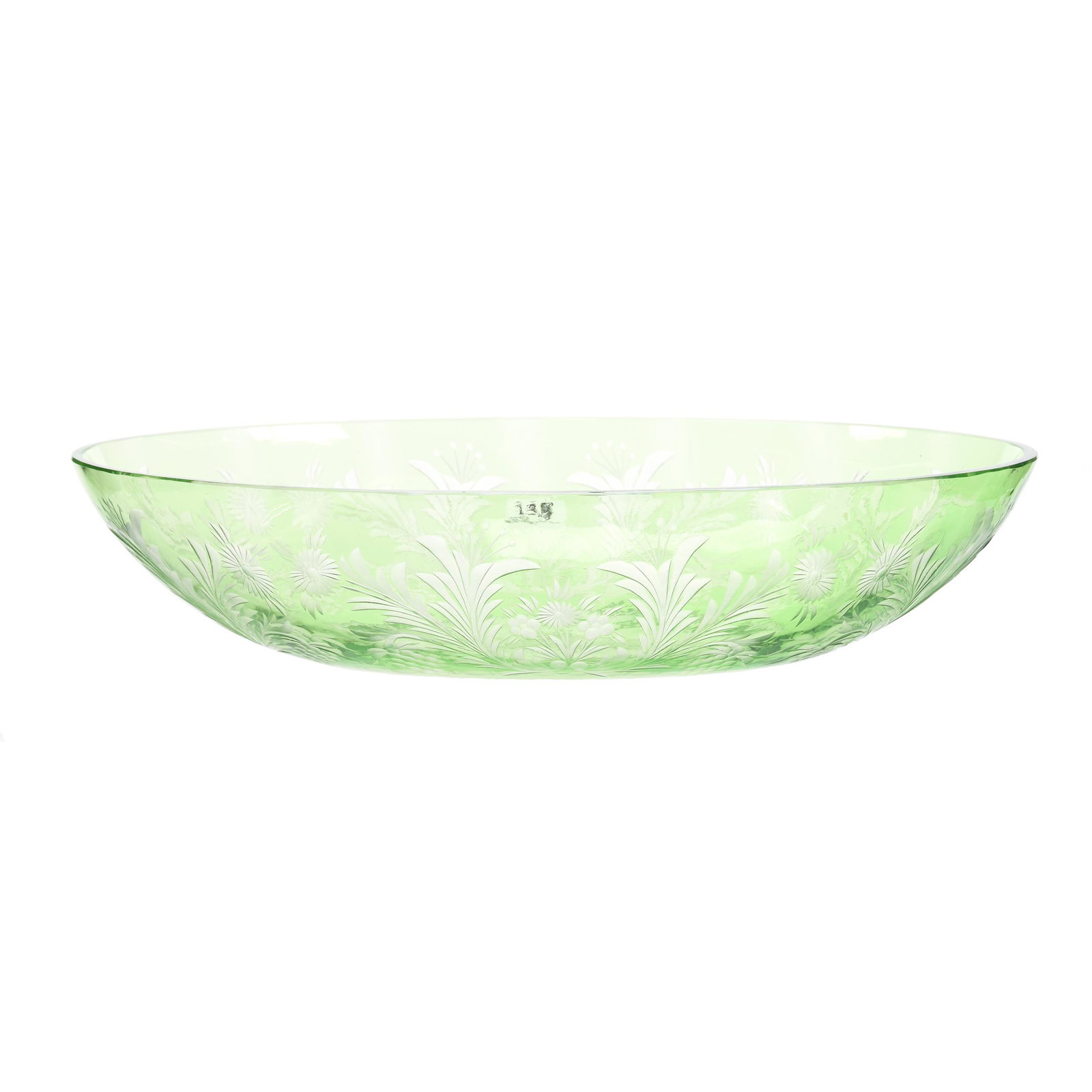 Oval Bowl, Green Cut To Clear By Steuben: Oval Bowl, Green Cut To Clear By Steuben, 3" X 13.75" X 8.75", Finely Engraved Vintage And Floral Motif, Private Collection, CT