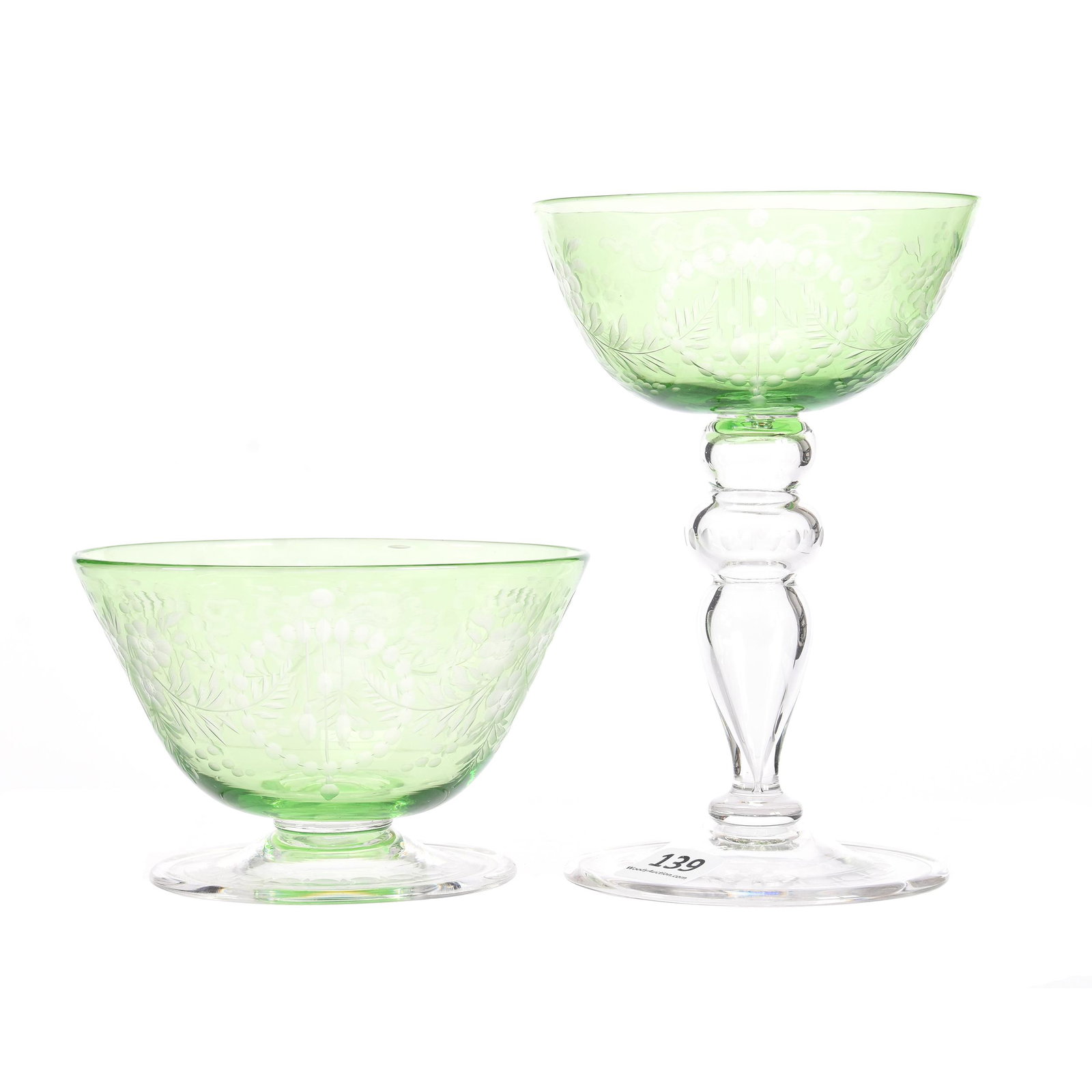 (2) Stemware Items, Green Cut To Clear By Steuben: (2) Stemware Items, Green Cut To Clear By Steuben, N/A, (1) 6" Champagne, Hollow Stem, Cut Foot, Signed Steuben (1) 3" Matching Sherbet, Both Feature Floral And Medallion Motif, Private Collection, CT