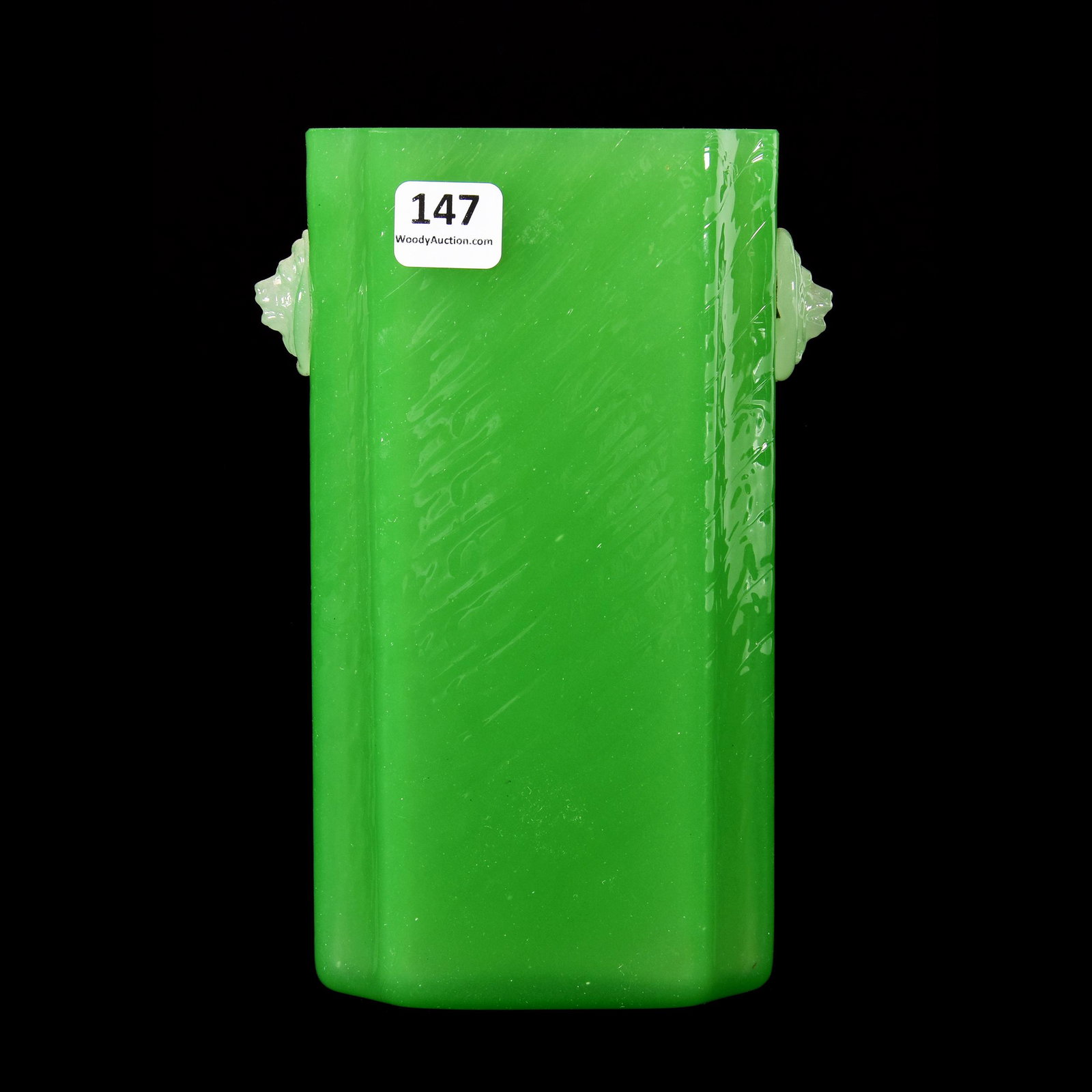 Vase, Unmarked Steuben Green Jade: Vase, Unmarked Steuben Green Jade, 7.5" X 4", Applied Lion Head Cabachons, Private Collection, ME