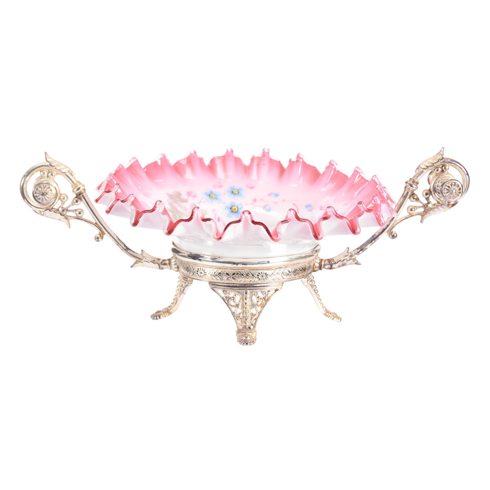 Victorian Brides Basket: Victorian Brides Basket, 5" X 13.25", Pink Cased Ruffled Bowl With Enamel Floral Decor, Set On Silverplate Stand, Bowl Is Marriage To Stand, Private Collection, NE