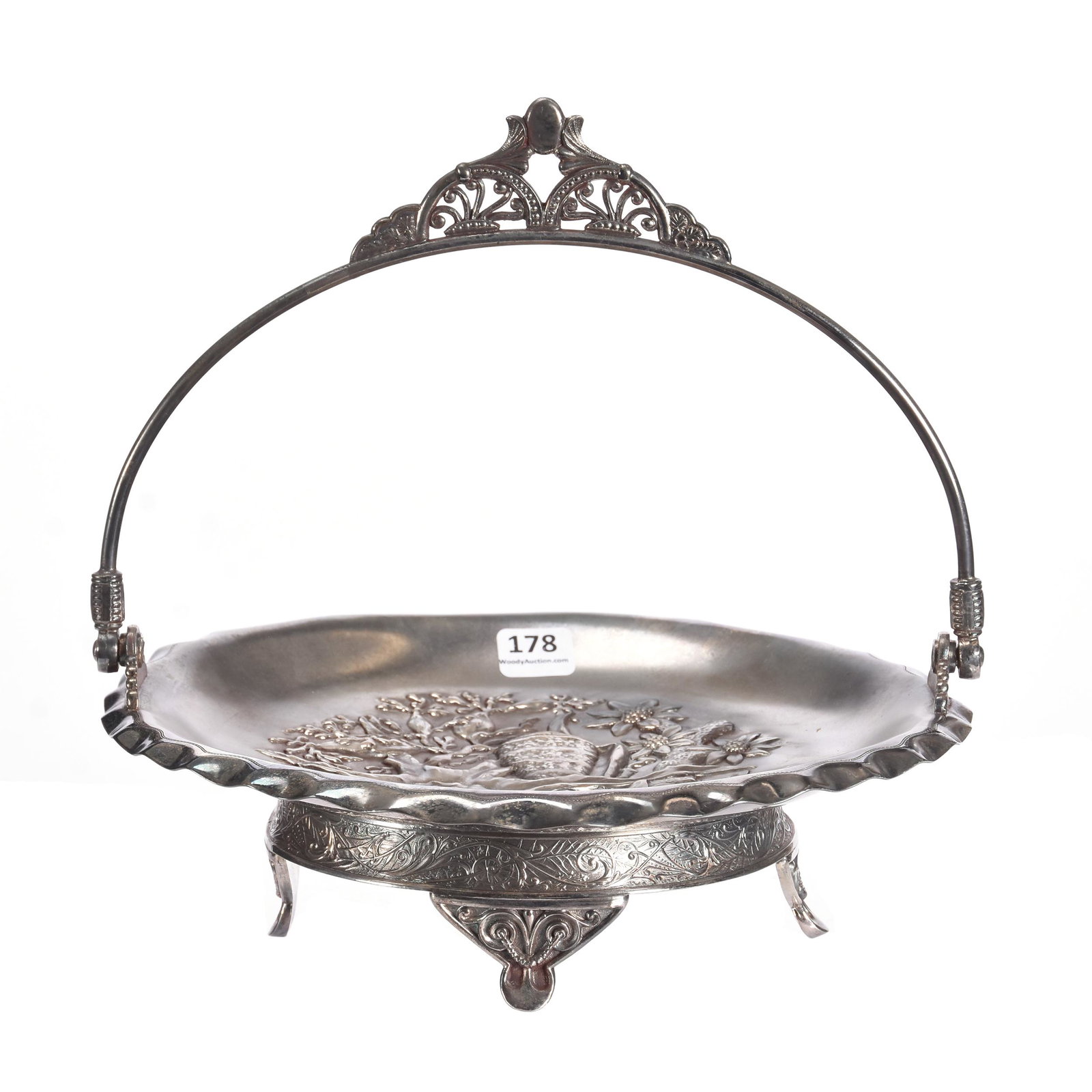 Basket, Silverplate Marked Pairpoint #1255: Basket, Silverplate Marked Pairpoint #1255, 3.5" X 9.5", Unique Sea Life And Floral Blossom Design, Private Collection