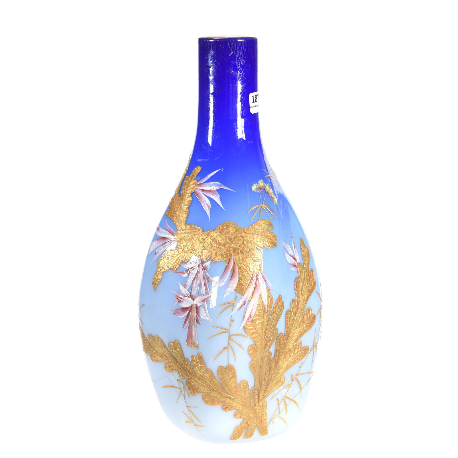Vase, Webb Cased Art Glass: Vase, Webb Cased Art Glass, 13.75" X 6.5", Blue Exterior, White Interior, Heavy Enamel Floral Décor, Private Collection, PA