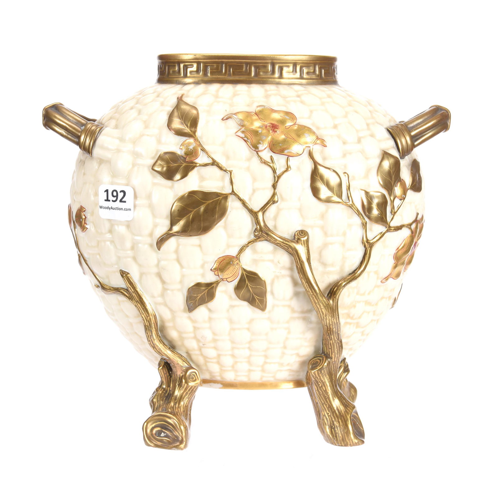 Footed Vase Marked Royal Worcester: Footed Vase Marked Royal Worcester, 8" X 8.5", Basket Mold With Embossed Floral Tree Stump Feet, Cream And Gold Tones, Private Collection, NJ