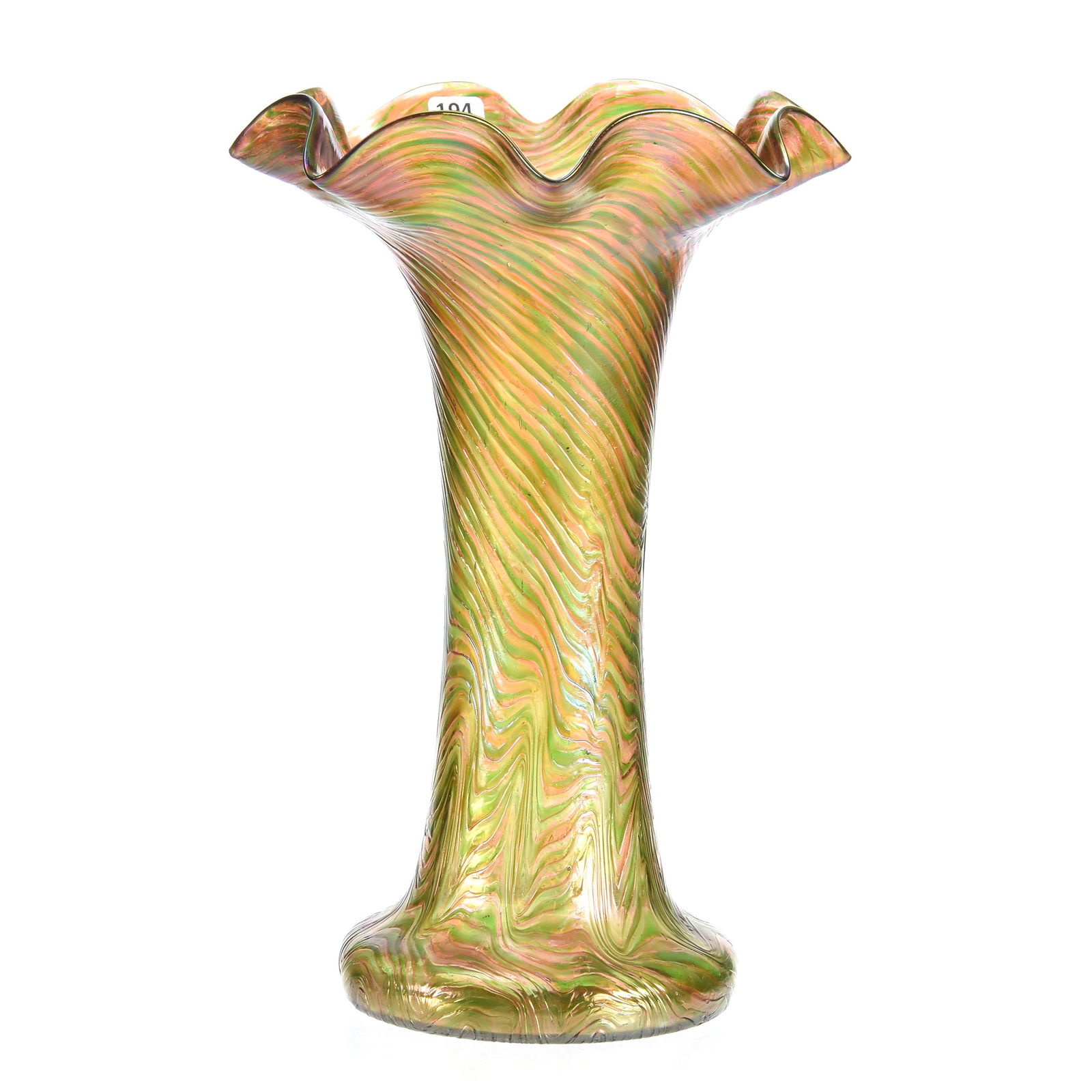 Vase Signed Loetz Austria Art Glass: Vase Signed Loetz Austria Art Glass, 13.25" X 9", Iridescent Green And Pink Swirled And Pulled Design, Ruffled Rim, Hahn Estate Collection, PA