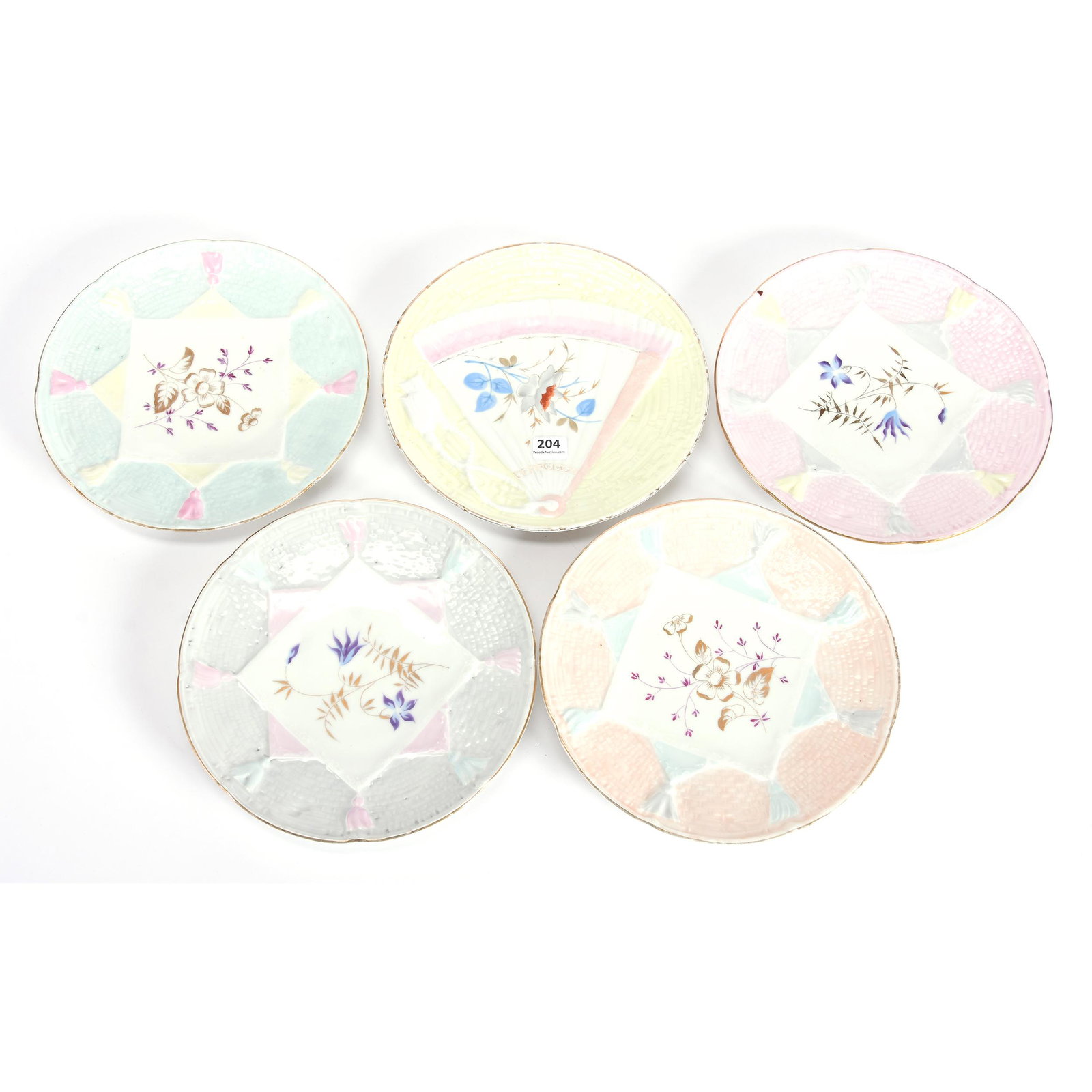 (5) Plates, Unmarked Porcelain: (5) Plates, Unmarked Porcelain, 8.5", (4) Have Handkerchief And Tassel Design, (1) Has Folding Fan Design, All With Various Color Borders, Ramsey Estate Collection, KS