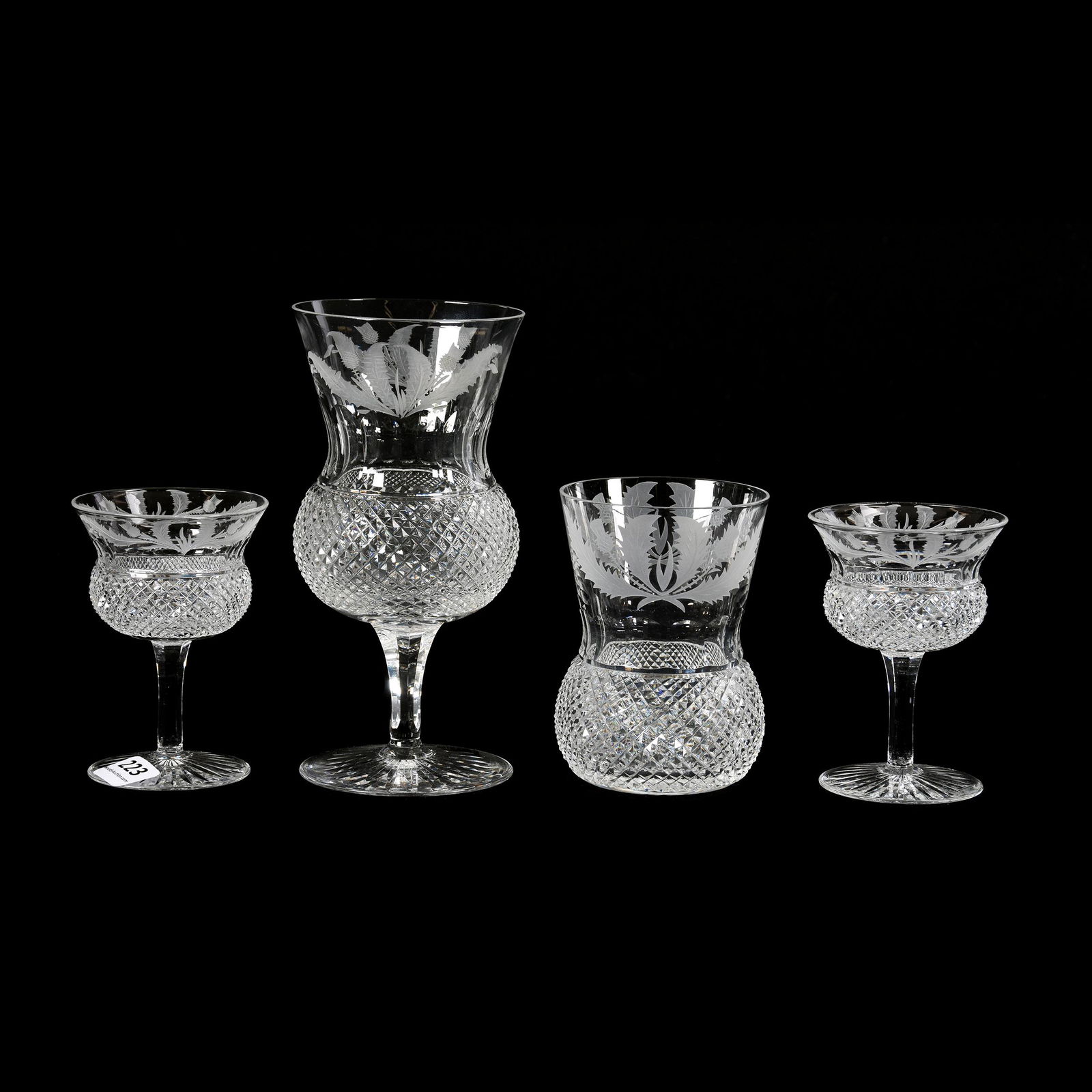 (4) Piece Wine Set, BPCG, Scottish Edinburgh Crystal: (4) Piece Wine Set, BPCG, Scottish Edinburgh Crystal, Diamond Cut Band With Engraved Thistle Decor, (1) 6.5" Goblet, (1) 4" Tumbler, (2) 3.75" Wines, Circa 1900's, One Wine Has Base Chip, Hahn Estate