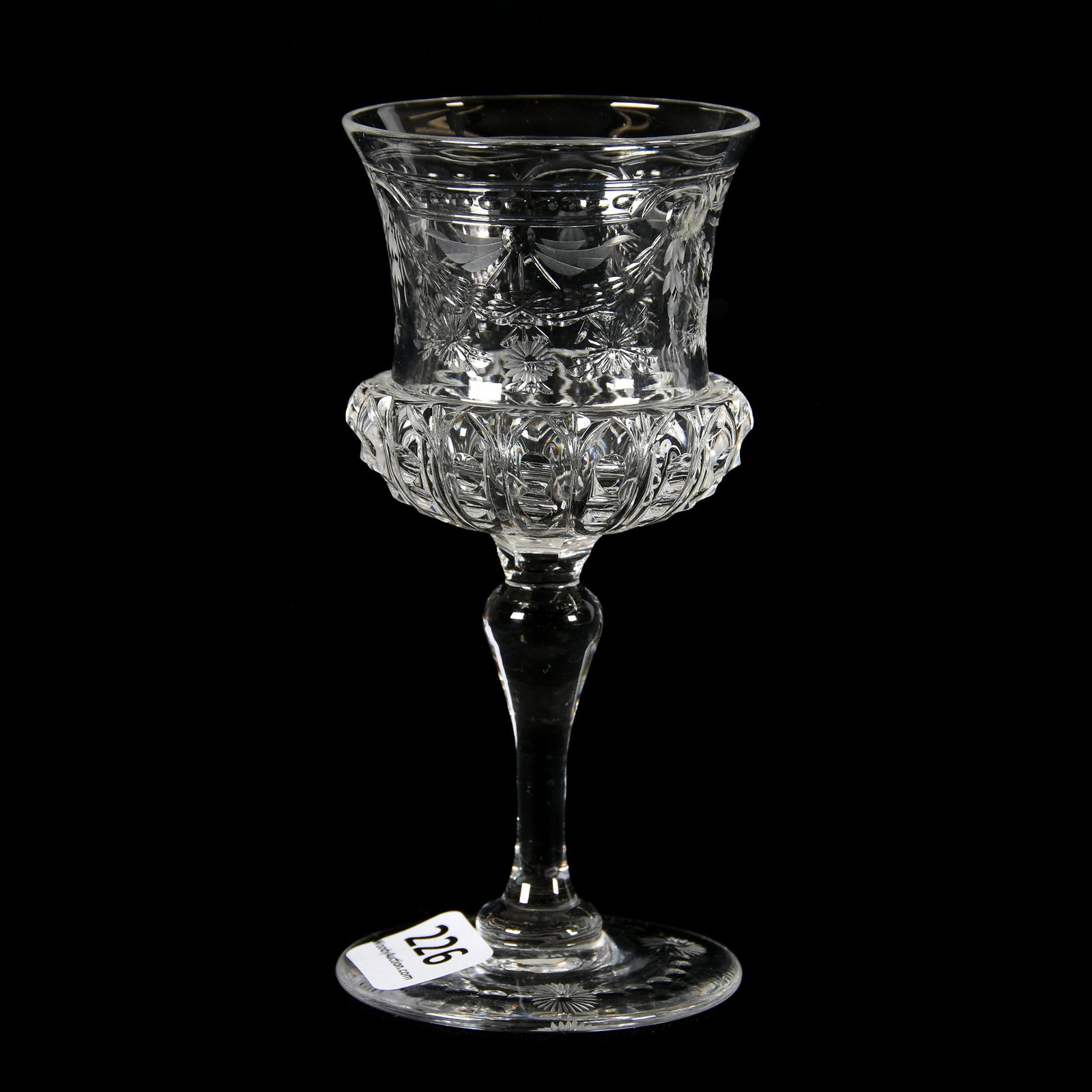 Wine Stem, BPCG, Signed Webb: Wine Stem, BPCG, Signed Webb, 4.75", Engraved Floral Garland Motif, Notched Bulging Ribs, Solid Clear Stem, Pattern Engraved Foot, Private Collection, CT