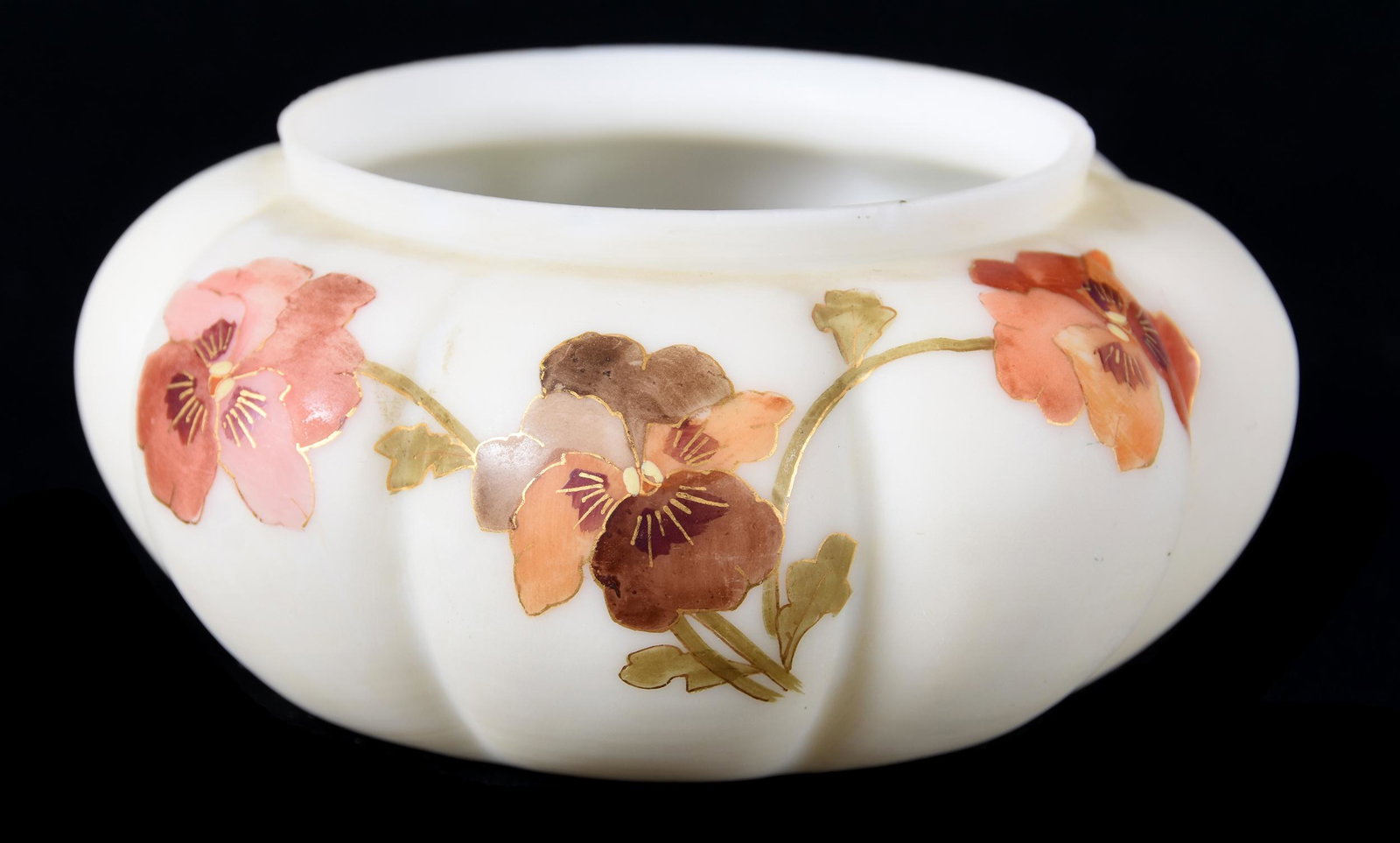 Open Dish Marked Smith Brothers Art Glass: Open Dish Marked Smith Brothers Art Glass, 2.5" X 5.25", Melon Ribbed, Cream Tones With Pansy Decor, Outside Rim Chip, Private Collection, ME