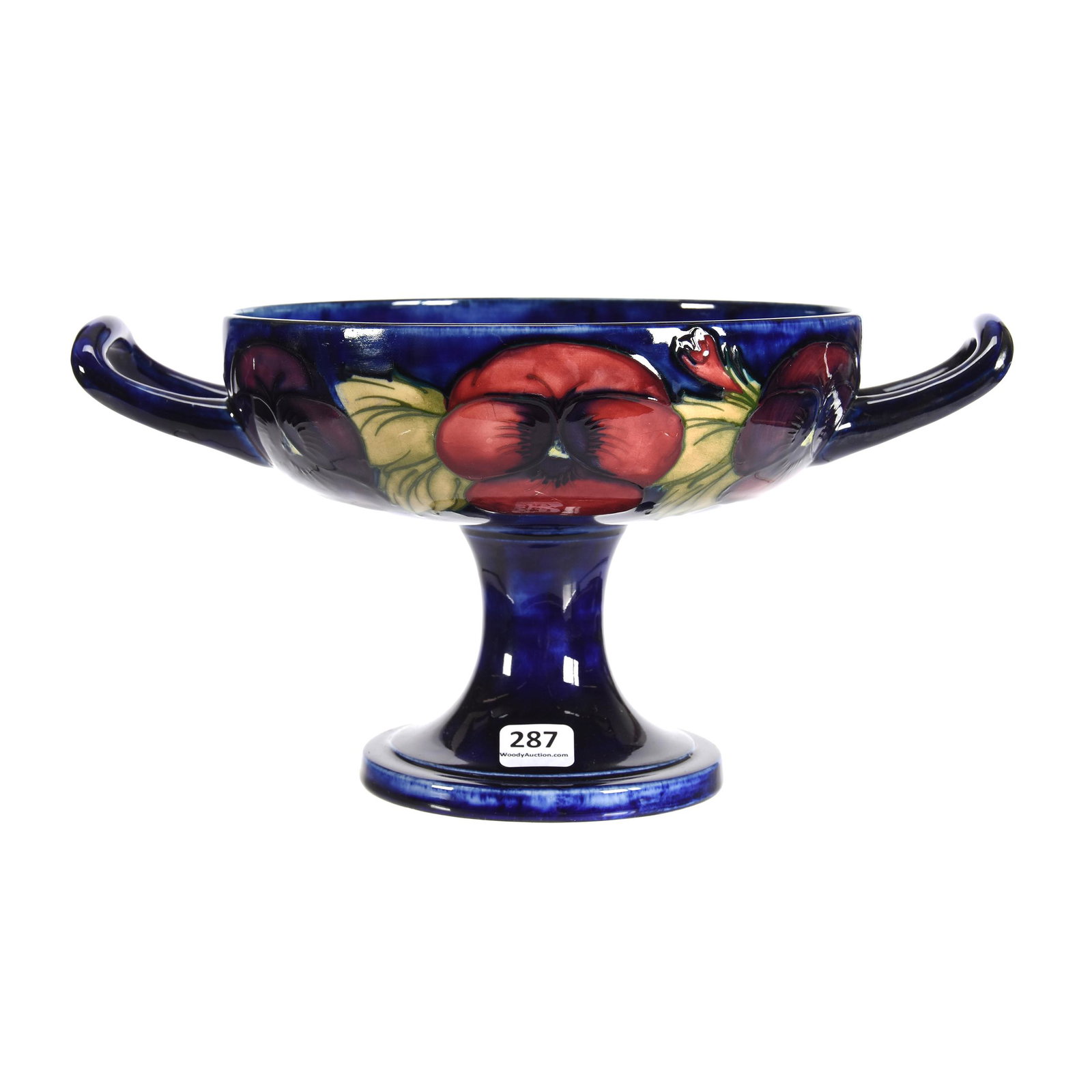 Bowl, Pedestal, Marked Moorcroft Art Pottery: Bowl, Pedestal, Marked Moorcroft Art Pottery, 5.75" X 11", Cobalt Blue Background With Large Floral Decor, Two Handled, Private Collection, ME