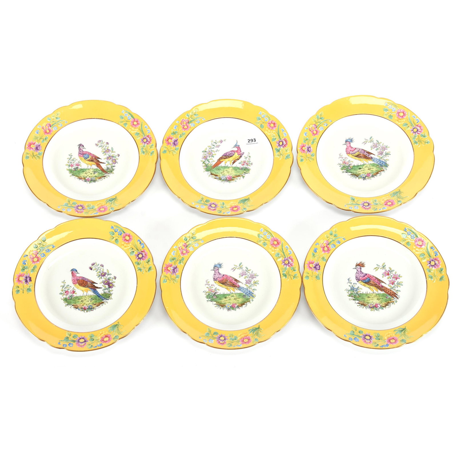 (6) Plates Marked Copeland Spode: (6) Plates Marked Copeland Spode, 9", White Center With Colorful Tropical Bird Decor, Yellow Border With Embossed Floral, Ramsey Estate Collection, KS
