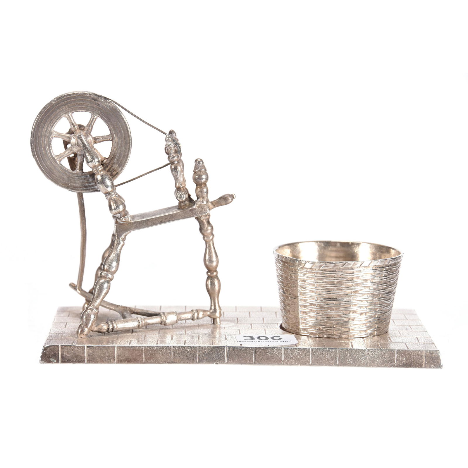Figural Match Holder, Silverplate Marked Spelman Bros: Figural Match Holder, Silverplate Marked Spelman Bros NY, 4" X 6", Spinning Wheel On Tile Floor With Removeable Basket Sitting On Floor, Design Patent Applied For, Private Collection