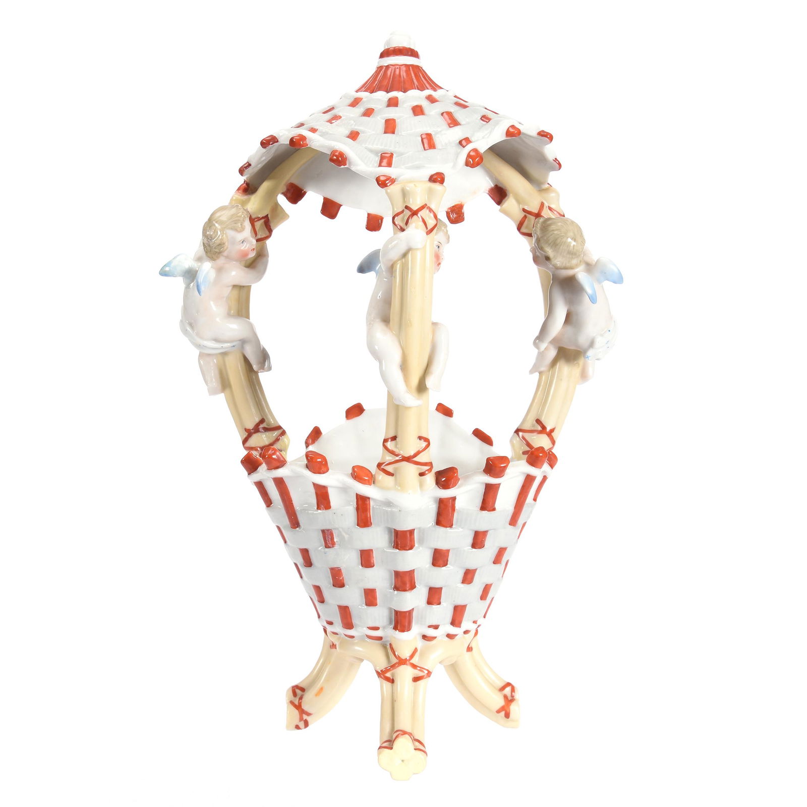 Figural Vase Marked "KPM": Figural Vase Marked "KPM", 7.25" X 7", Basketweave Design With Three Bamboo Columns, Each With Winged Cherub, Colorful, Private Collection, NJ