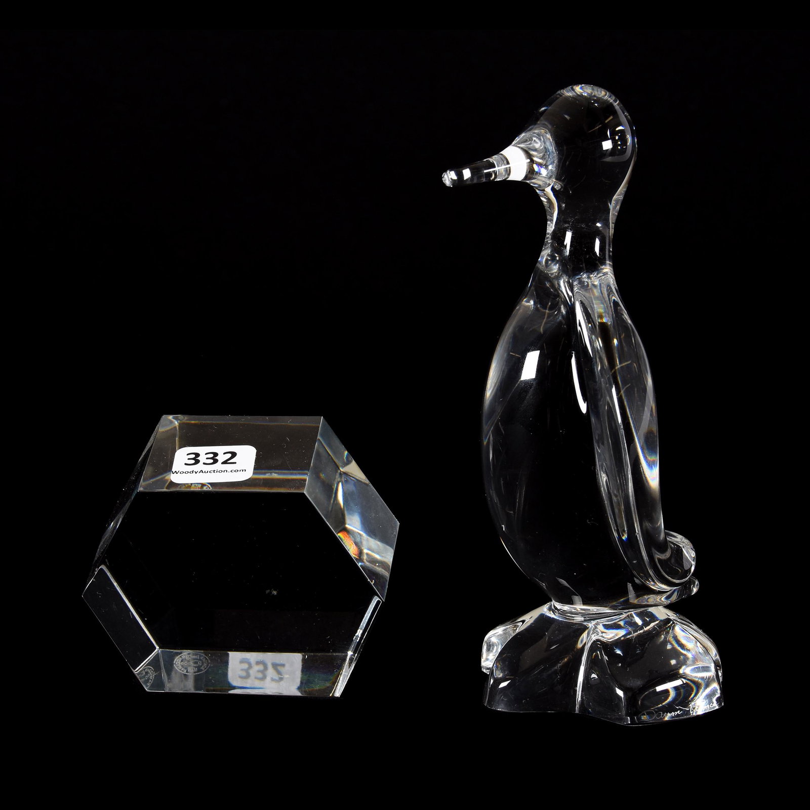 (2) Crystal Clear Glass Items: (2) Crystal Clear Glass Items, (1) 6.75" Duck Figurine Signed Daum France, (1) 3.25" Six-Sided Paperweight Signed Baccarat, Private Collection, KS