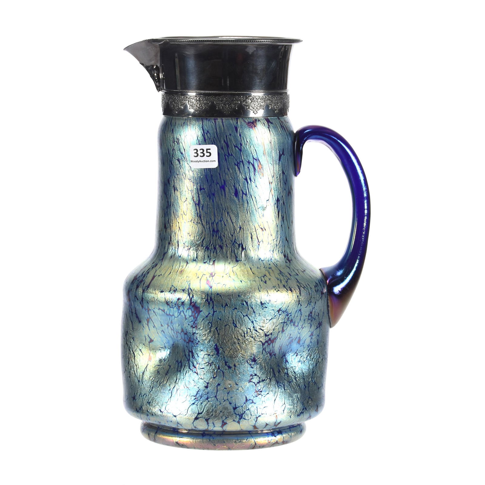 Pitcher, Art Glass In Loetz Style: Pitcher, Art Glass In Loetz Style, 12.25", Cobalt Blue With Iridescent Oil Spot Design, Silverplate Spout, Four Dimpled Sides, Hahn Estate Collection, PA