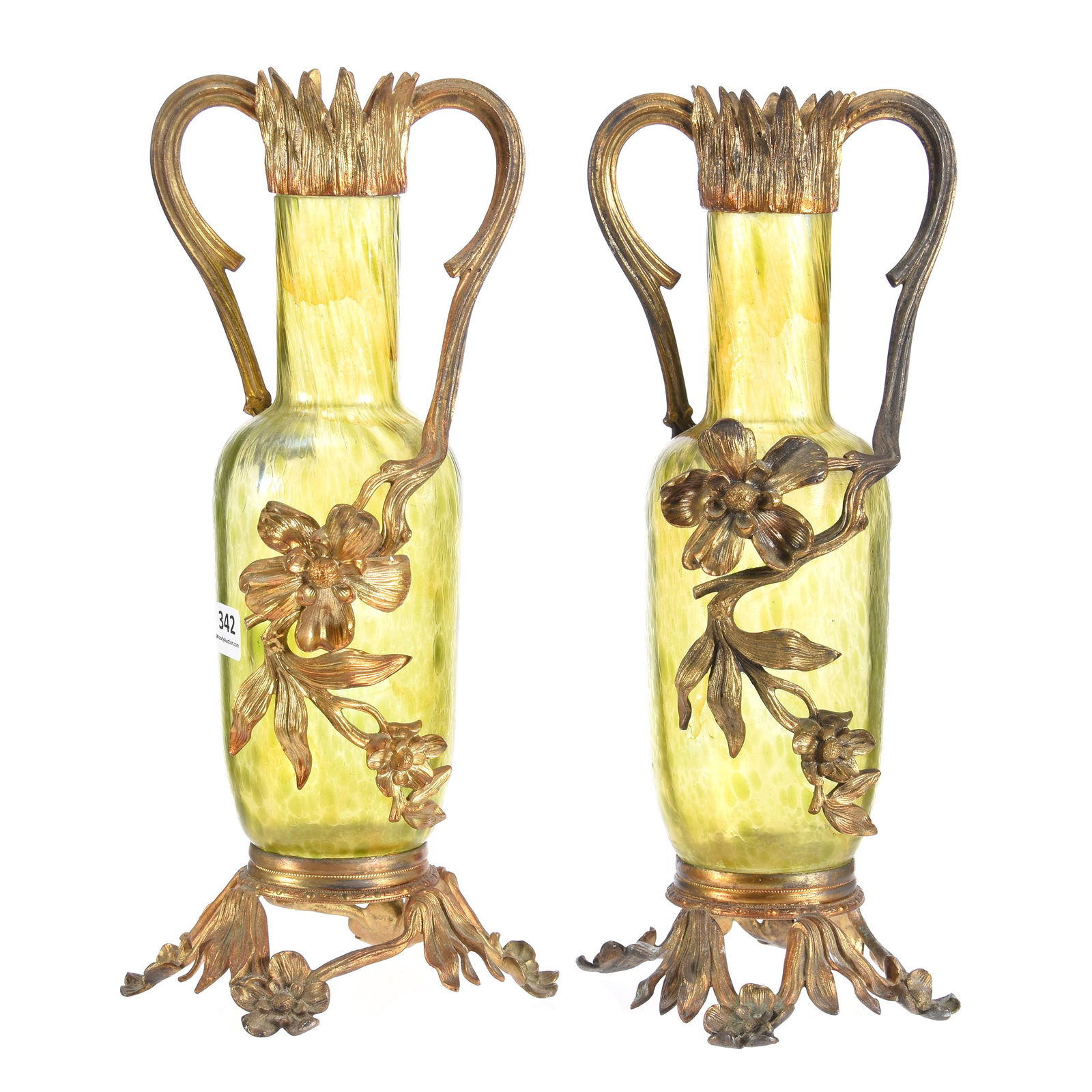 Pair Vases, Loetz Style Art Glass: Pair Vases, Loetz Style Art Glass, 12.5" X 6", Green Oil Spot Design, Floral And Vine Design, Extensive Gilt Metal Fittings, Private Collection, PA