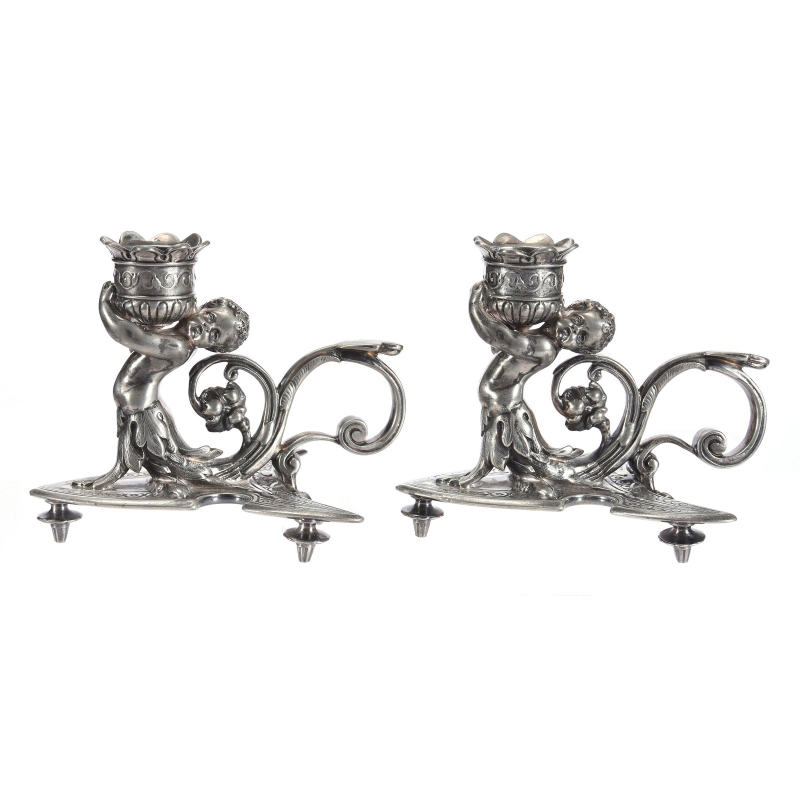 Figural Victorian Chambersticks, Silverplate: Figural Victorian Chambersticks, Silverplate, 4" X 5", Meriden #95 Featuring Cherub Holding Candle, Private Collection