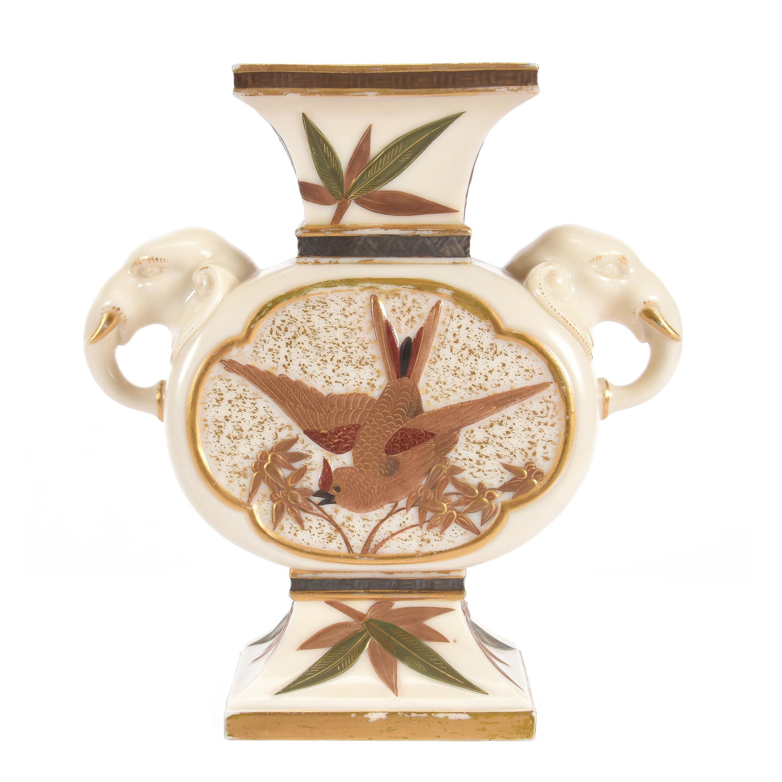 Vase Marked Royal Worcester: Vase Marked Royal Worcester, 6.5" X 6", Square Form With Figural Elephant Handles, Embossed Bird And Flower Decor, Nice Color, Private Collection, NJ