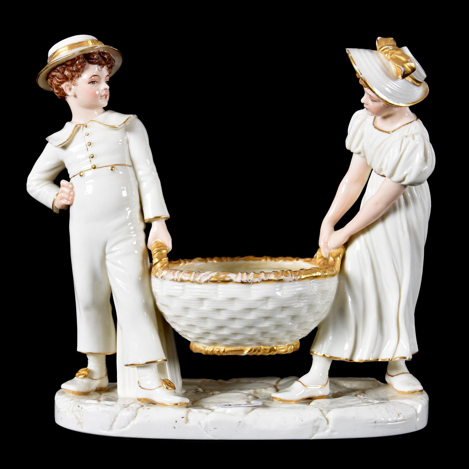 Figural Group Marked Royal Worcester: Figural Group Marked Royal Worcester, 8" X 7.5", Young Boy And Girl Carrying Basket, White With Gold Trim, Nice Detail, Private Collection, NJ