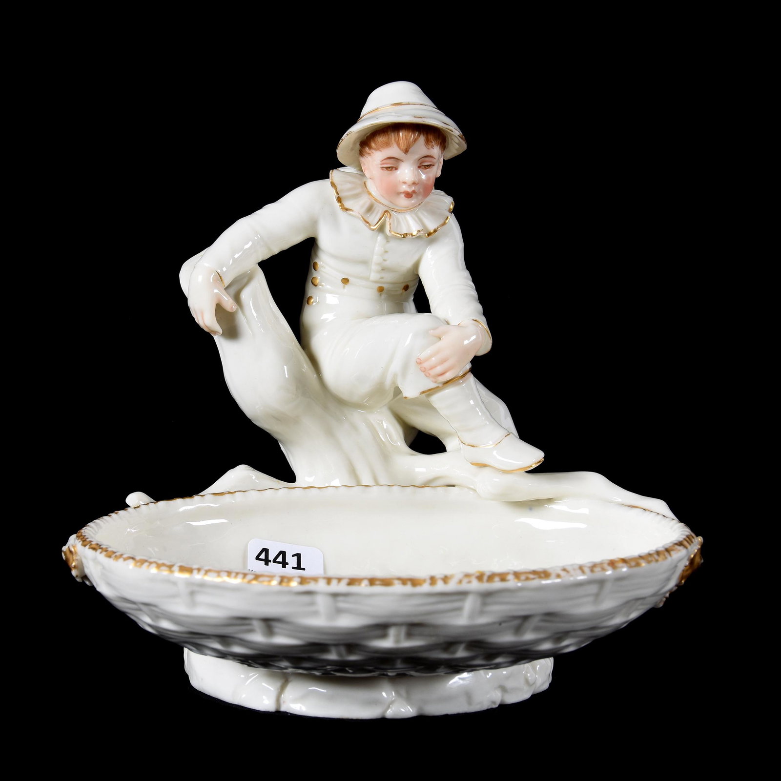 Figurine Marked Royal Worcester: Figurine Marked Royal Worcester, 7" X 6.75", Young Boy Seated On Stump Near Basket, White With Gold Trim, Private Collection, NJ