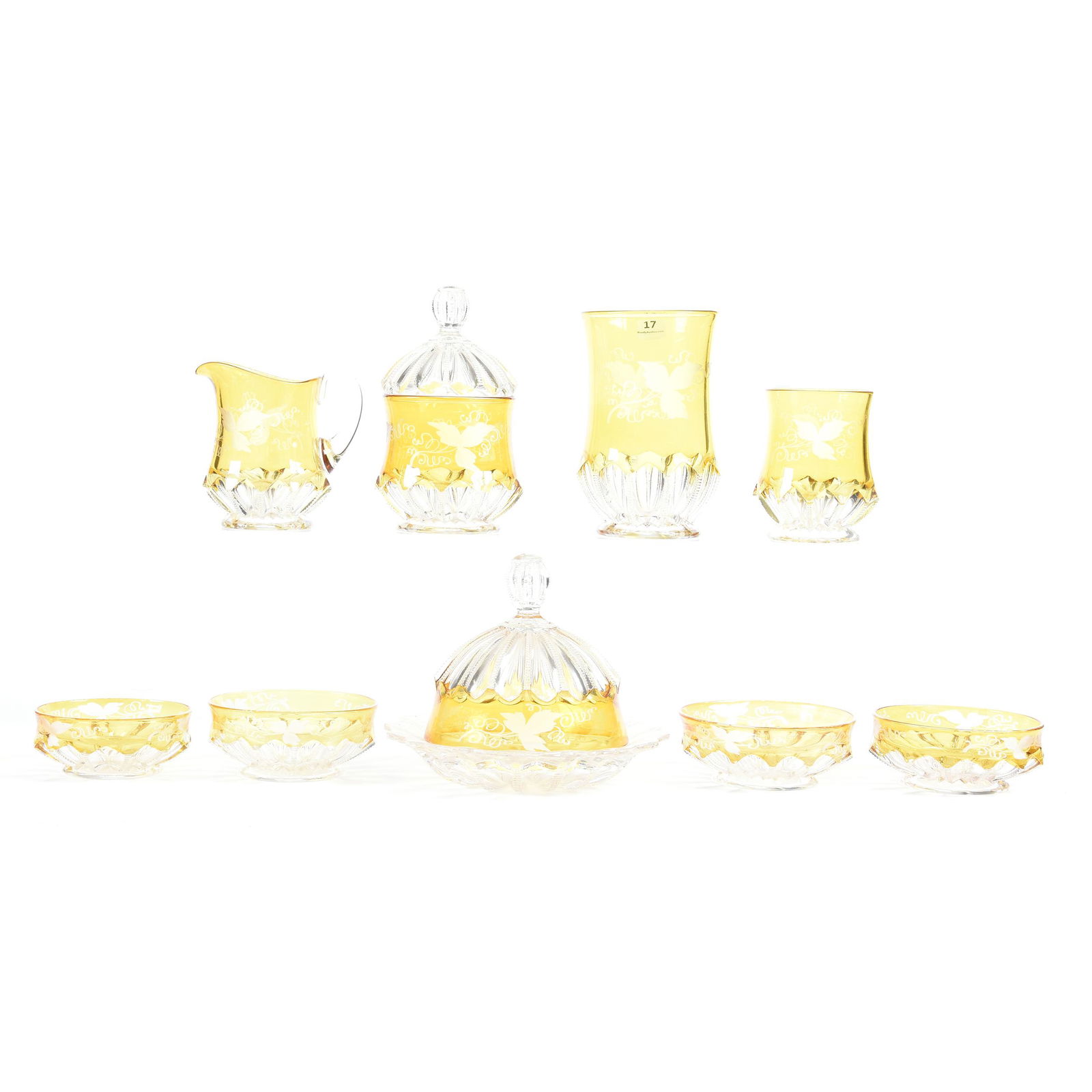Table Set, Clear And Amber Pattern Glass: Table Set, Clear and Amber Pattern Glass, Engraved Leaf and Vine Decor, Includes Butter Dish, Creamer, Covered Sugar, Spooner, Celery Vase, (4) Berry Dishes, Tiny Edge Nick on Sugar Lid, Ron Duncan/Al