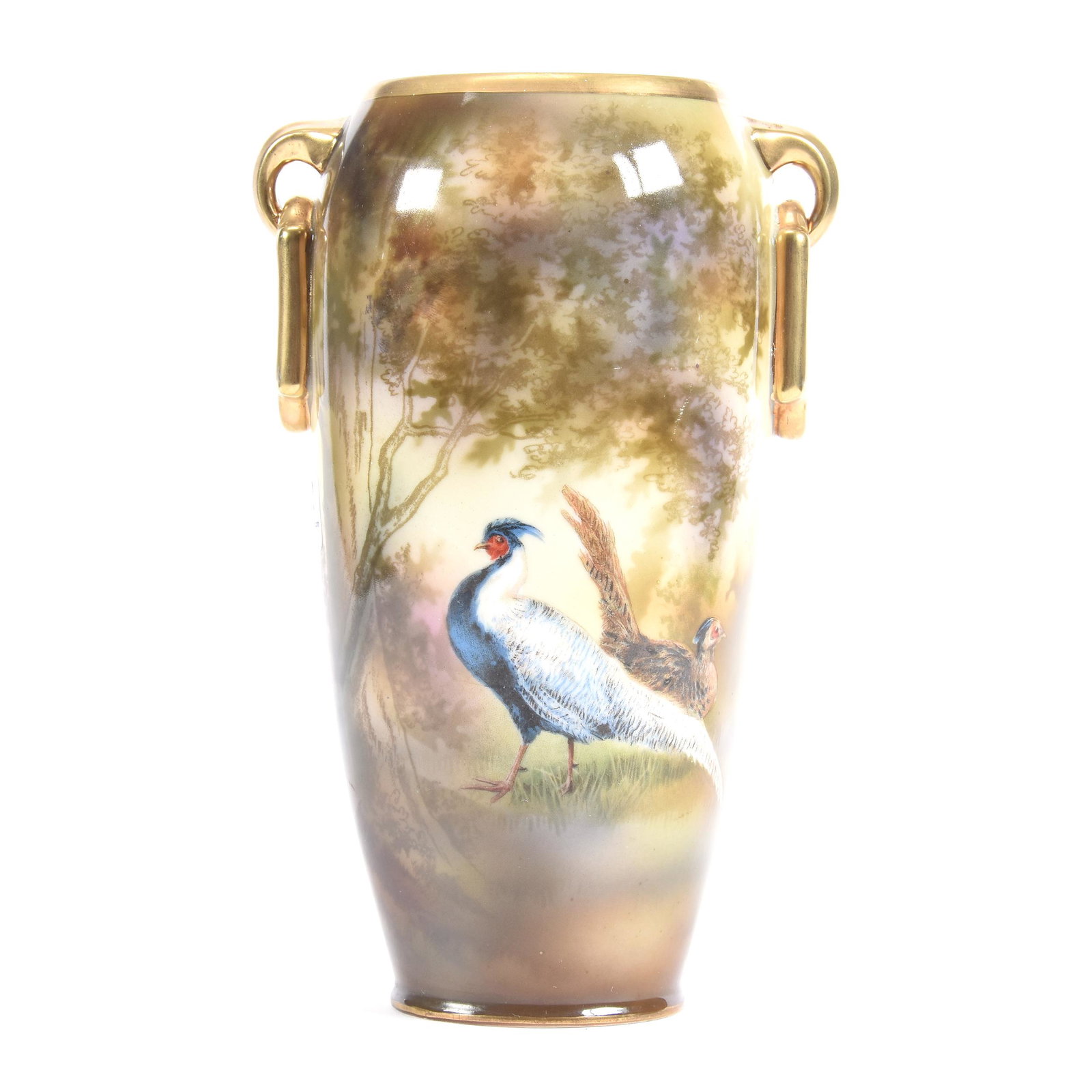 Vase Marked R.S. Poland, Pheasant Decor: Vase Marked R.S. Poland, Pheasant Decor, 8", Green and Cream Tones in Background Field, Gold Trim, The Clarence Meyer Estate, KS