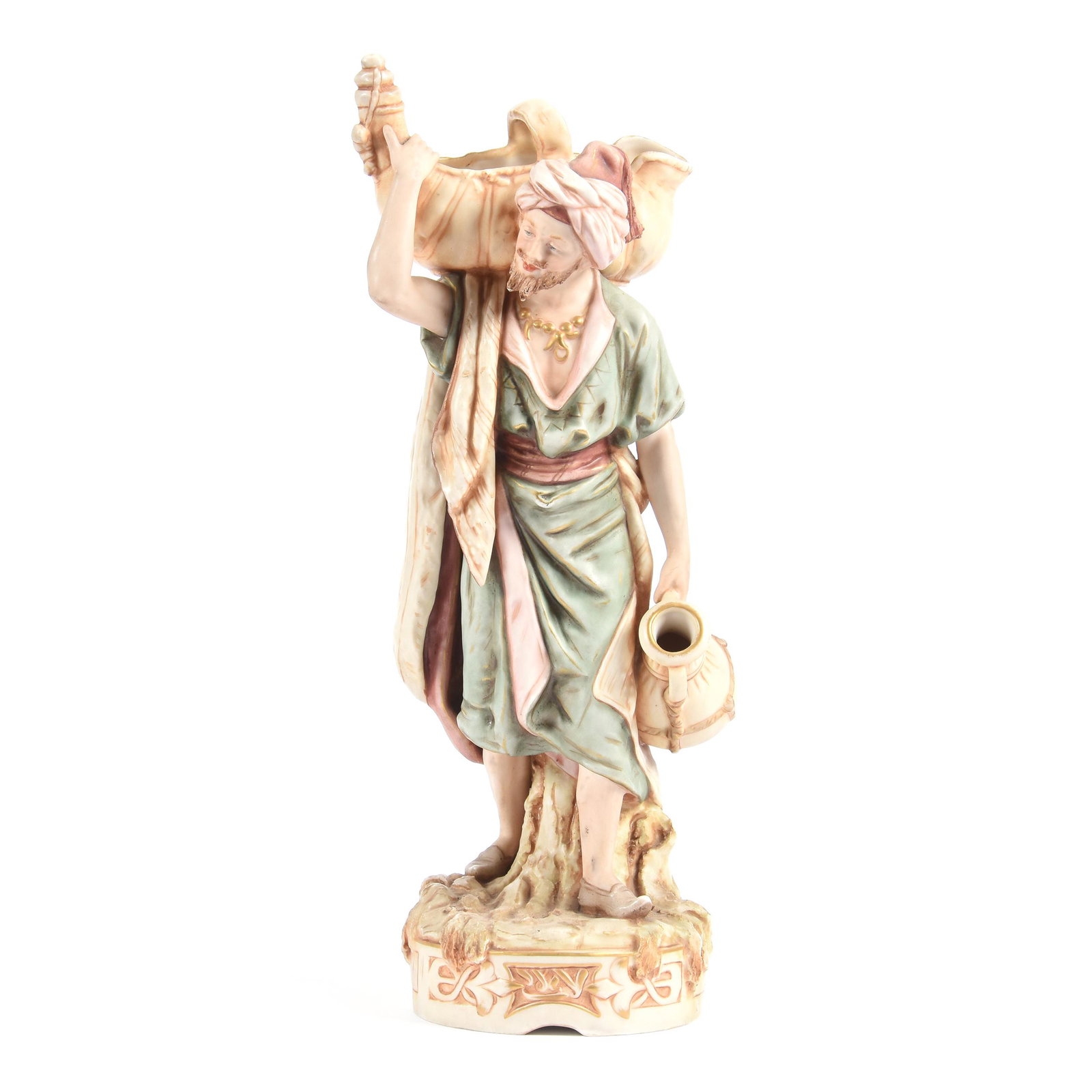 Figurine Marked Royal Dux #1052: Figurine Marked Royal Dux #1052, 15.5", Arab Man Carrying Water Vessels, Ron Duncan/Allen Goodwin