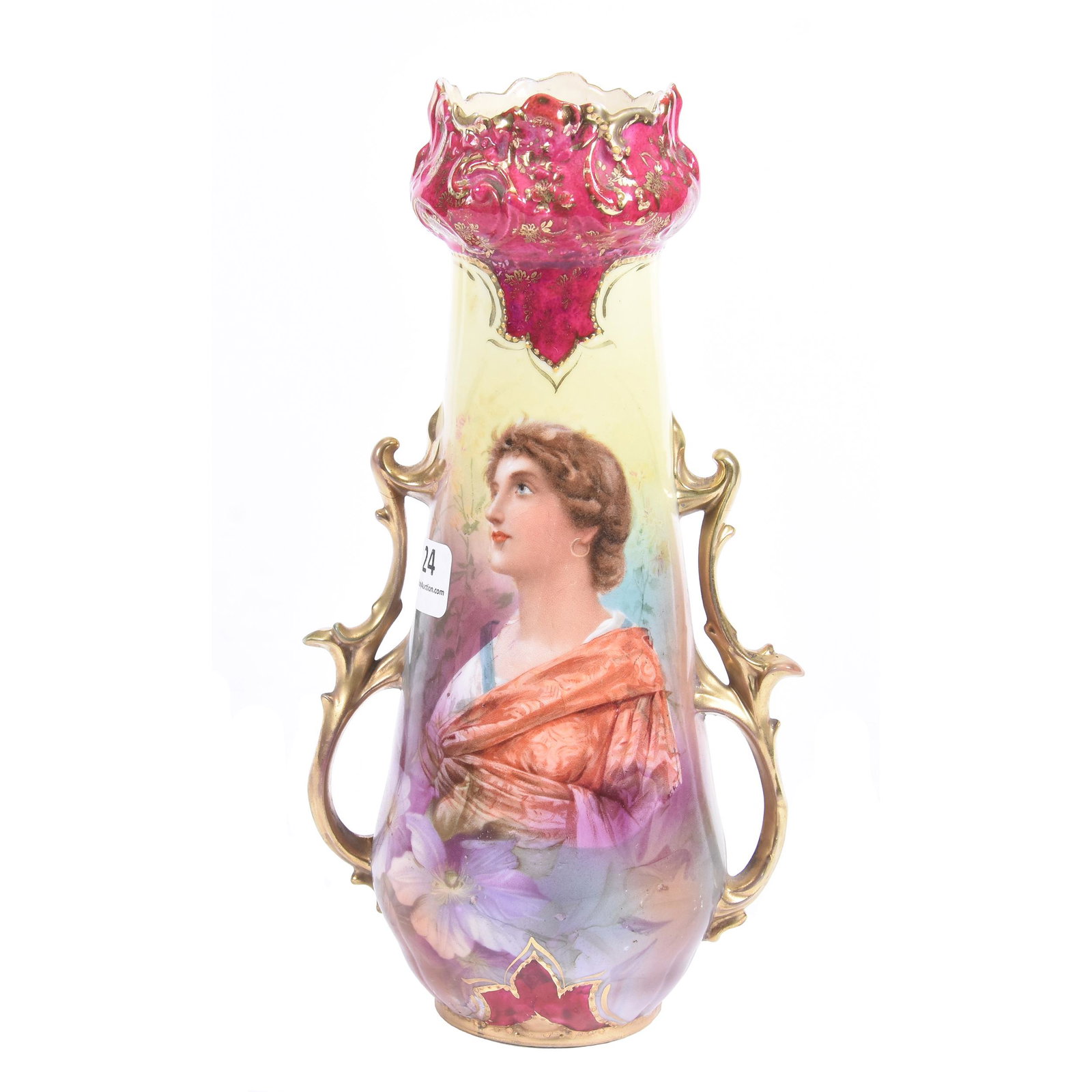 Vase Marked Royal Vienna, Madame Du Boise Portrait: Vase Marked Royal Vienna, Madame Du Boise Portrait, 9", Yellow, Green and Lavender Background, Red Border, Nice Gold Trim, The Clarence Meyer Estate, KS