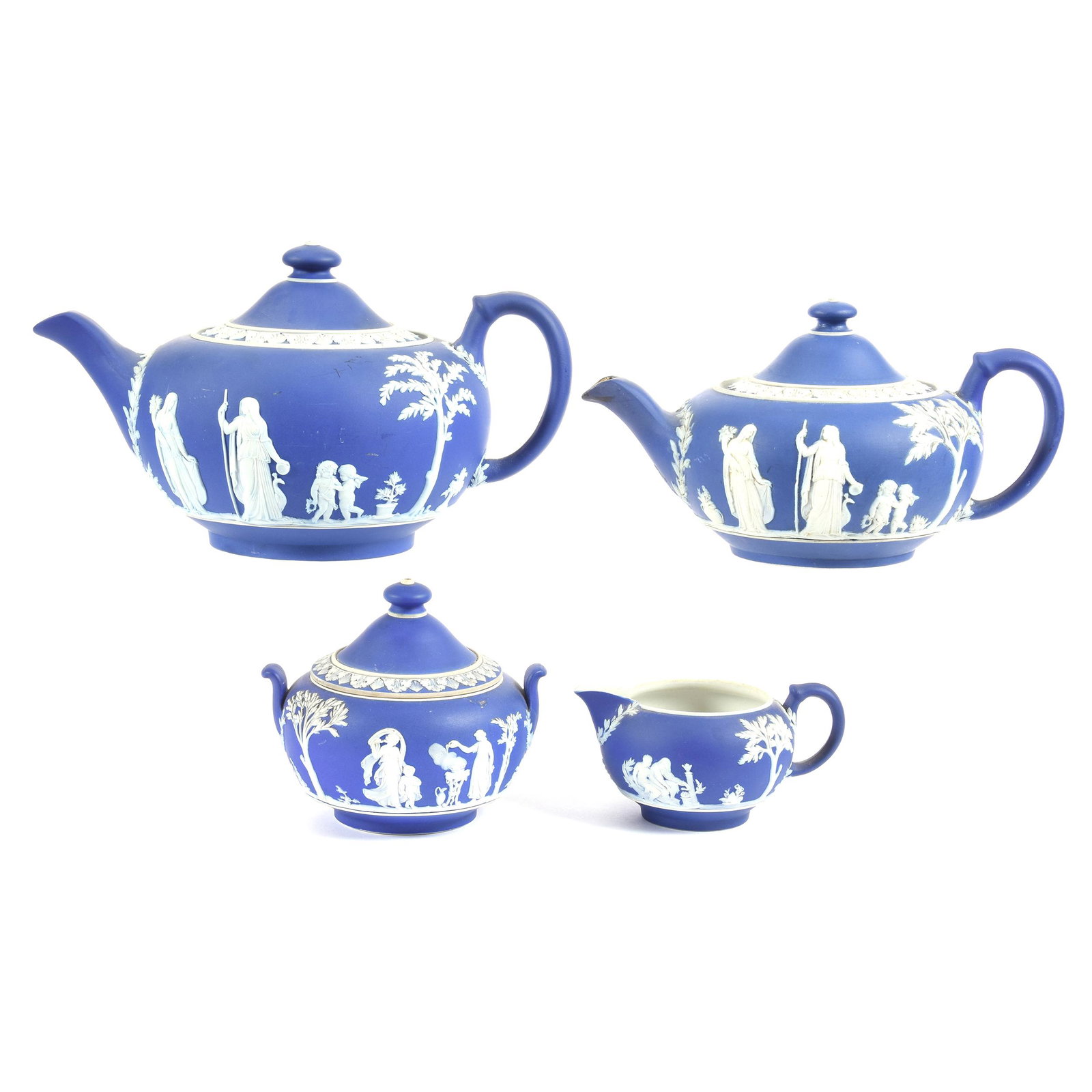 (4) Piece Wedgwood England Tea Set: (4) Piece Wedgwood England Tea Set, Classic Blue and White with Traditional Scenes, (1) 5.5" x 10" Tea Pot, (1) 4.5" x 9" Tea Pot (Professional Spout Repair & Lid Touch-Up), Creamer and Sugar, Ron Dun