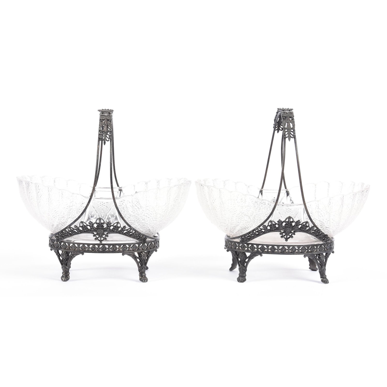 Pair Victorian Brides Baskets: Pair Victorian Brides Baskets, 9.5" x 9.5", Clear Leaf Mold Pattern Glass Bowls Set in Tufts #2276 Silverplate Frames, Ron Duncan/Allen Goodwin