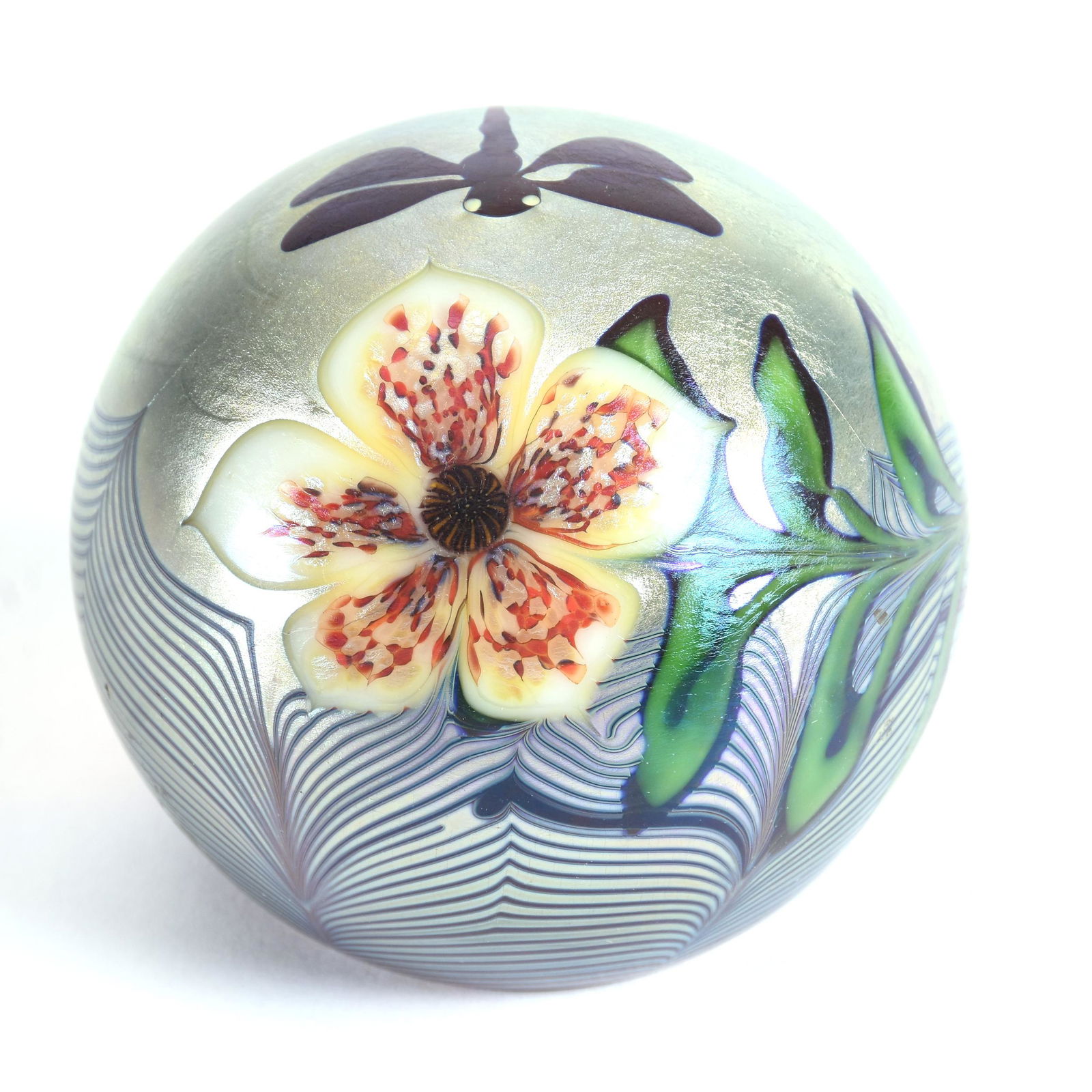 Paperweight Marked Orient & Flume, Dated 1977: Paperweight Marked Orient & Flume, Dated 1977, Iridescent with Dragonfly and Flower Blossom Decor, Ron Duncan/Allen Goodwin