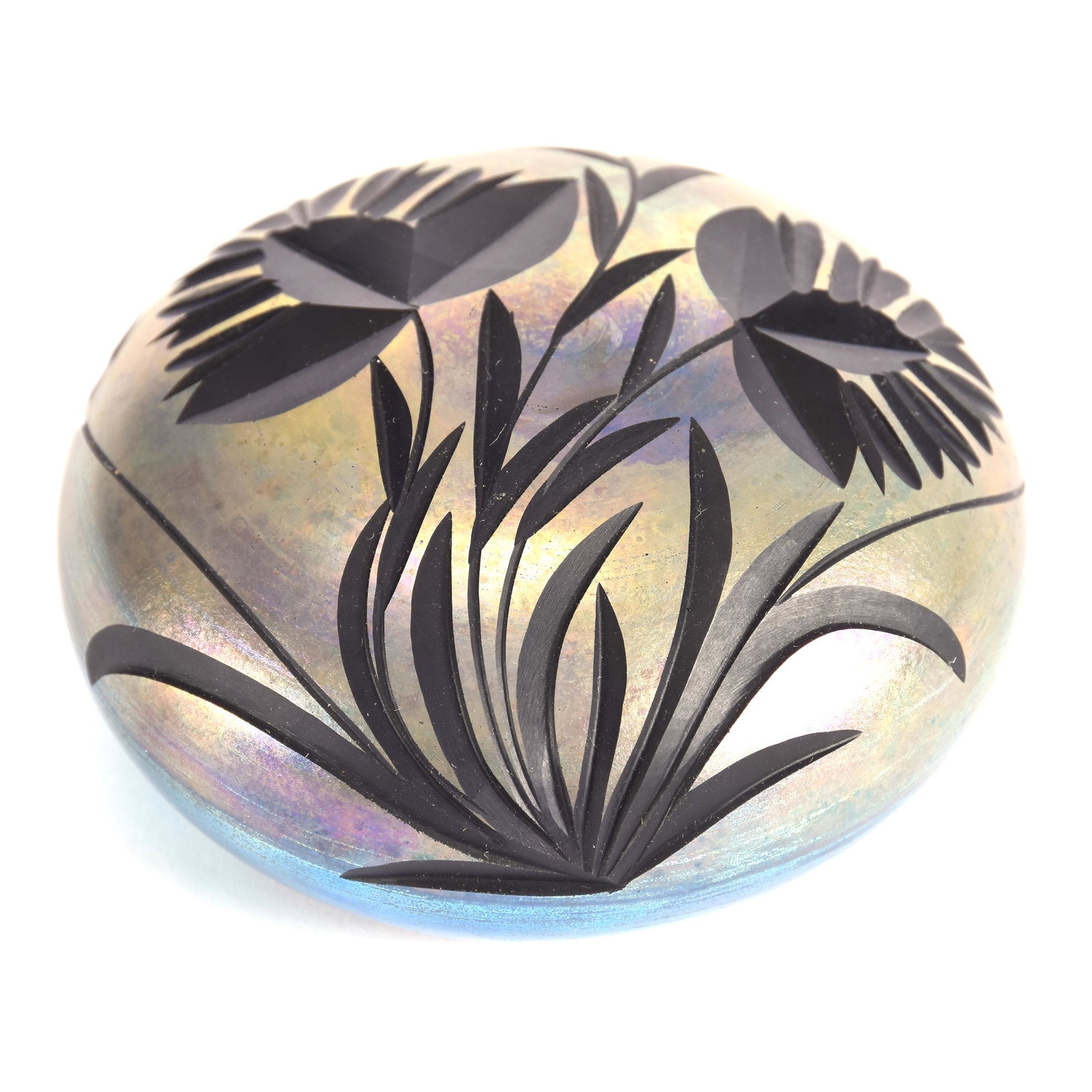 Paperweight Marked Vandermark Dated 1983: Paperweight Marked Vandermark Dated 1983, Iridescent with Engraved Floral Decor, Ron Duncan/Allen Goodwin