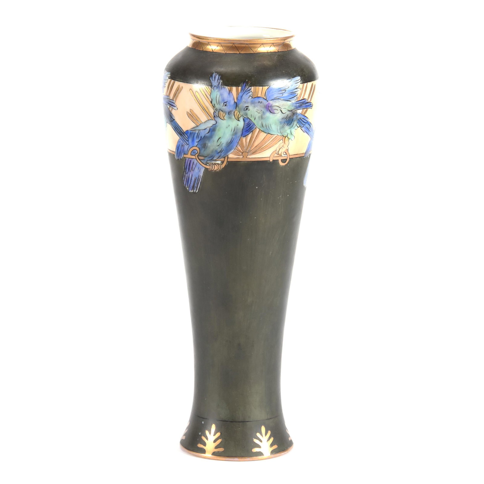 Vase Marked P.L. Limoges: Vase Marked P.L. Limoges, 13.5", Dark Green Background with Colorful Band with Parrot Decor, Gold Highlights, Ron Duncan/Allen Goodwin