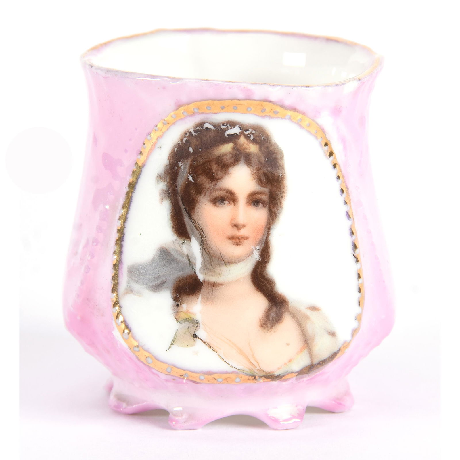 Toothpick Holder, Unmarked Germany: Toothpick Holder, Unmarked Germany, 2", Pink Lustre Background, Medallion Portrait of Queen Louisa, Small Surface Flake on Rim, Dean and Marilyn Zellers, KS