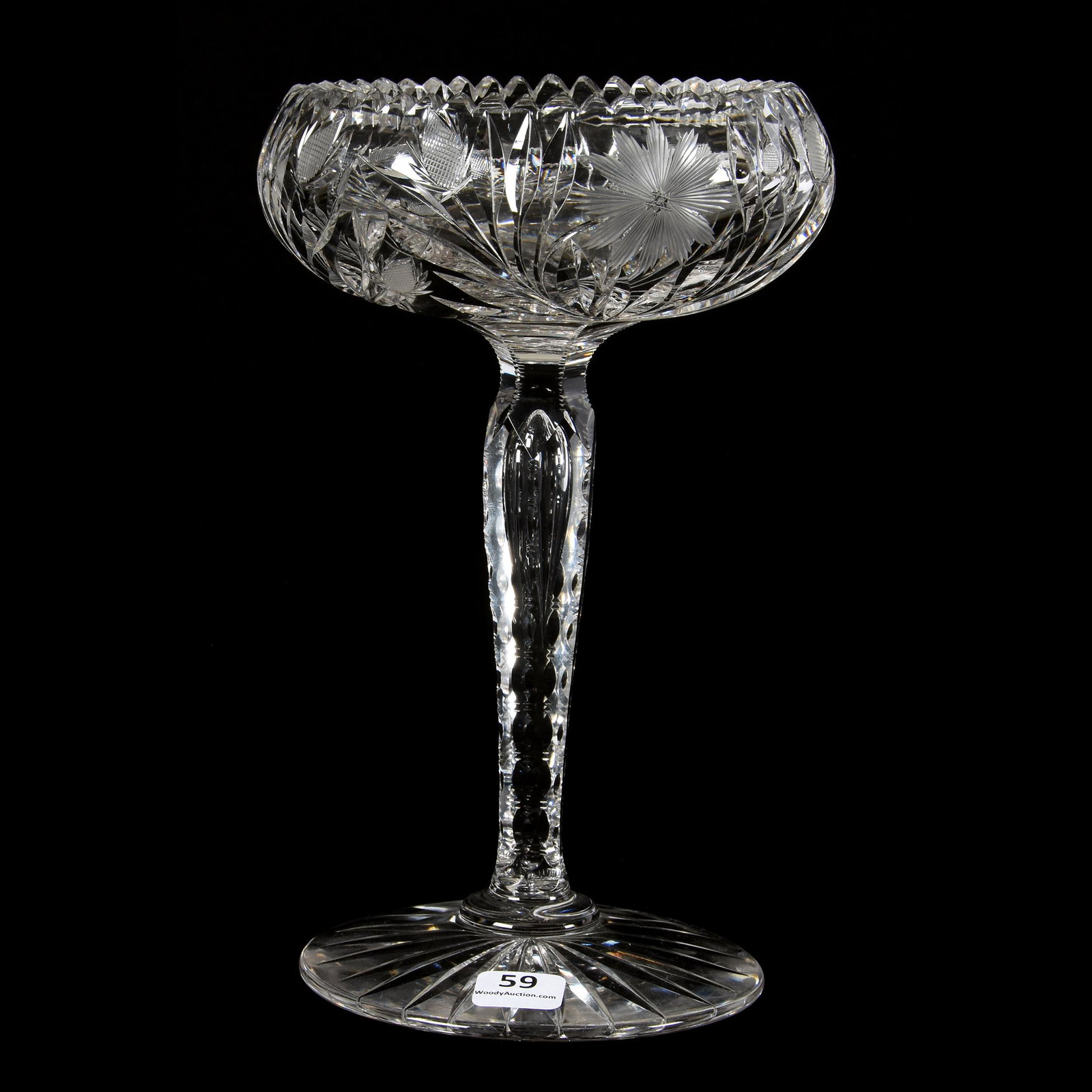 Compote, ABCG, Engraved Floral Motif: Compote, ABCG, Engraved Floral Motif, 9" x 5.5", Rolled Rim, Teardrop Notched Stem, Ray Cut Foot, Ron Duncan/Allen Goodwin