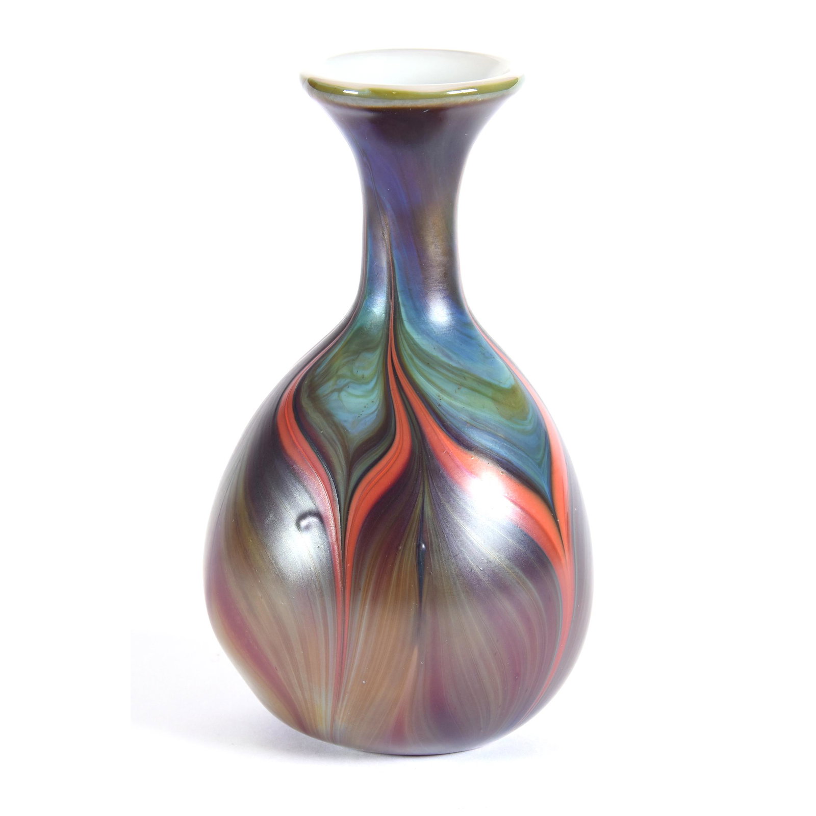 Contemporary Art Glass Vase Signed Lundberg Studios: Contemporary Art Glass Vase Signed Lundberg Studios, 7", Dated 1973, Iridescent Green, Yellow, Blue and Red Pulled Feather Design, Ron Duncan/Allen Goodwin