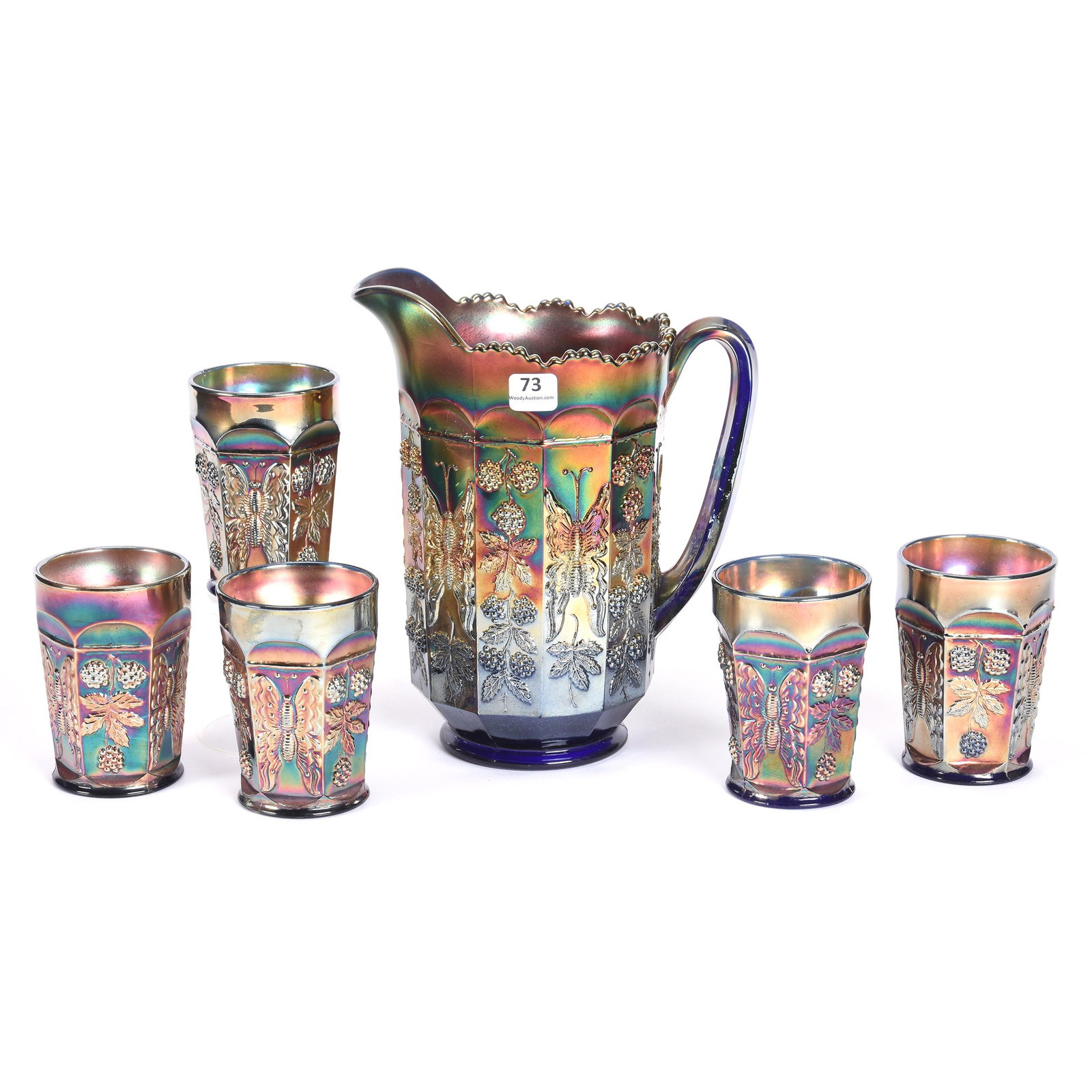 Water Set, Carnival Glass Butterfly & Berry By Fenton: Water Set, Carnival Glass Butterfly & Berry by Fenton, Blue, 9" Water Pitcher with (5) 4" Tumblers, Ron Duncan/Allen Goodwin. UPDATE: 4-9-20- The pitcher has a few small surface nicks on the berries a