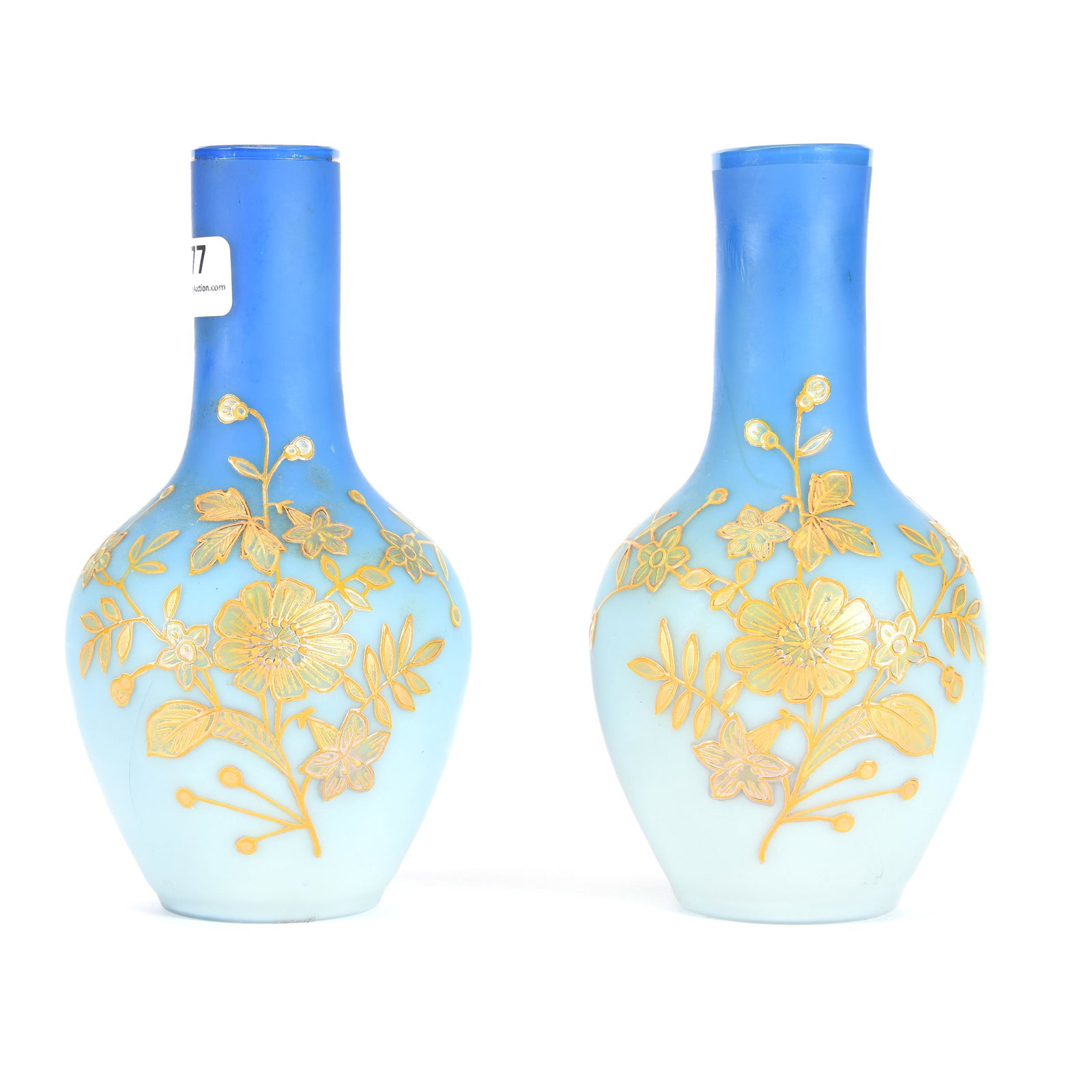 Pair Vases, Blue Satin Art Glass: Pair Vases, Blue Satin Art Glass, 7", Yellow Enamel Floral Decor, Ron Duncan/Allen Goodwin