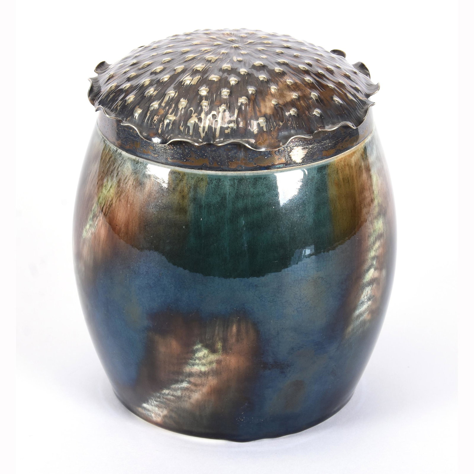 Humidor Marked Wedgwood Majolica: Humidor Marked Wedgwood Majolica, 6", Silverplate Lid Marked "Hukin & Heath", Lid is Formed to Have Appearance of A Poppy, Ron Duncan/Allen Goodwin