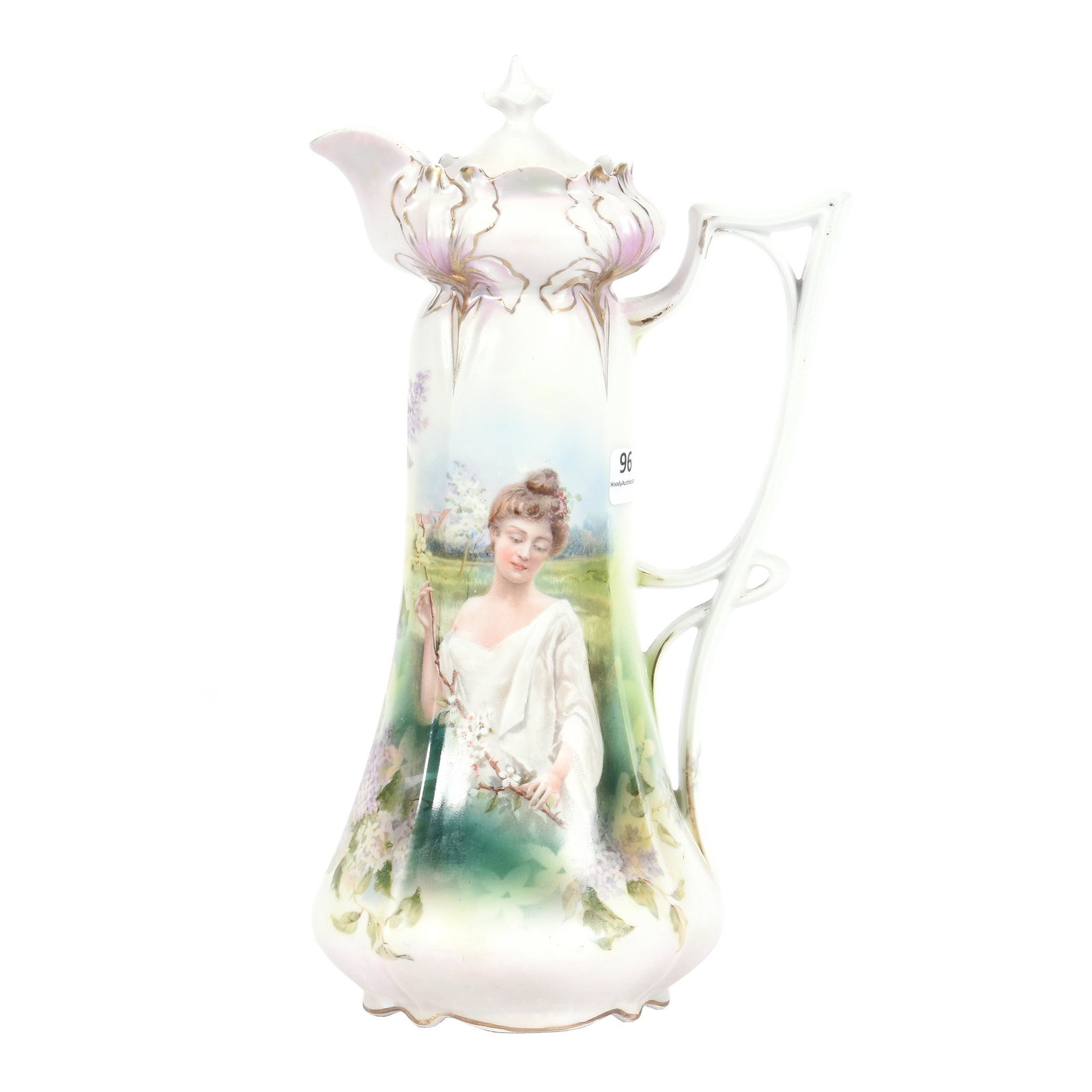 Chocolate Pot Marked RSP, Spring Season Portrait: Chocolate Pot Marked RSP, Spring Season Portrait, 11.75", Iris Mold, Pink, White and Green Tones, Satin Finish, Finial has Been Repaired, The Clarence Meyer Estate, KS