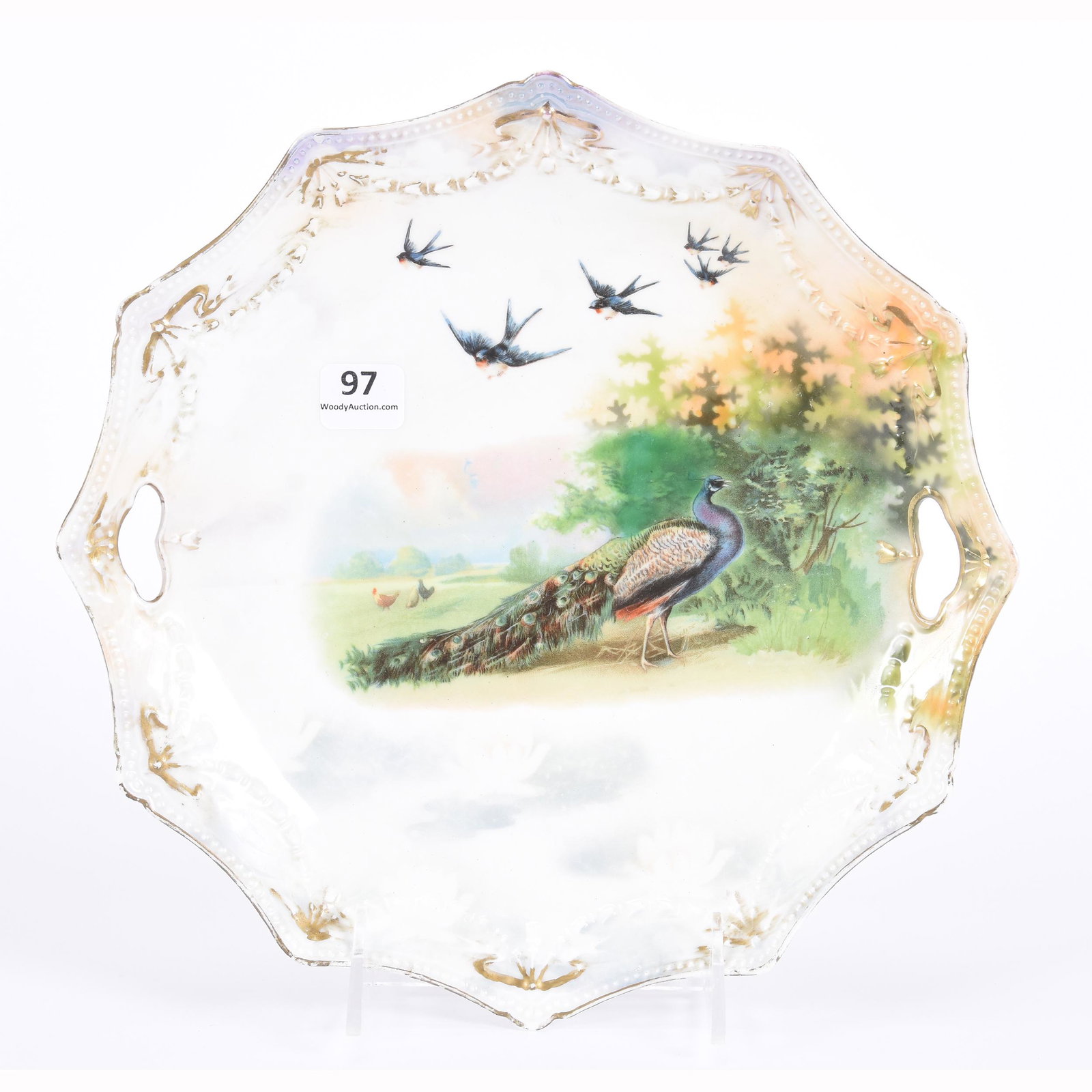 Cake Plate Marked RSP, Swag & Tassel Mold: Cake Plate Marked RSP, Swag & Tassel Mold, 9.75", Peacock and Bluebird Scenic Decor, Lustre Finish, Some Gold Wear, The Clarence Meyer Estate, KS