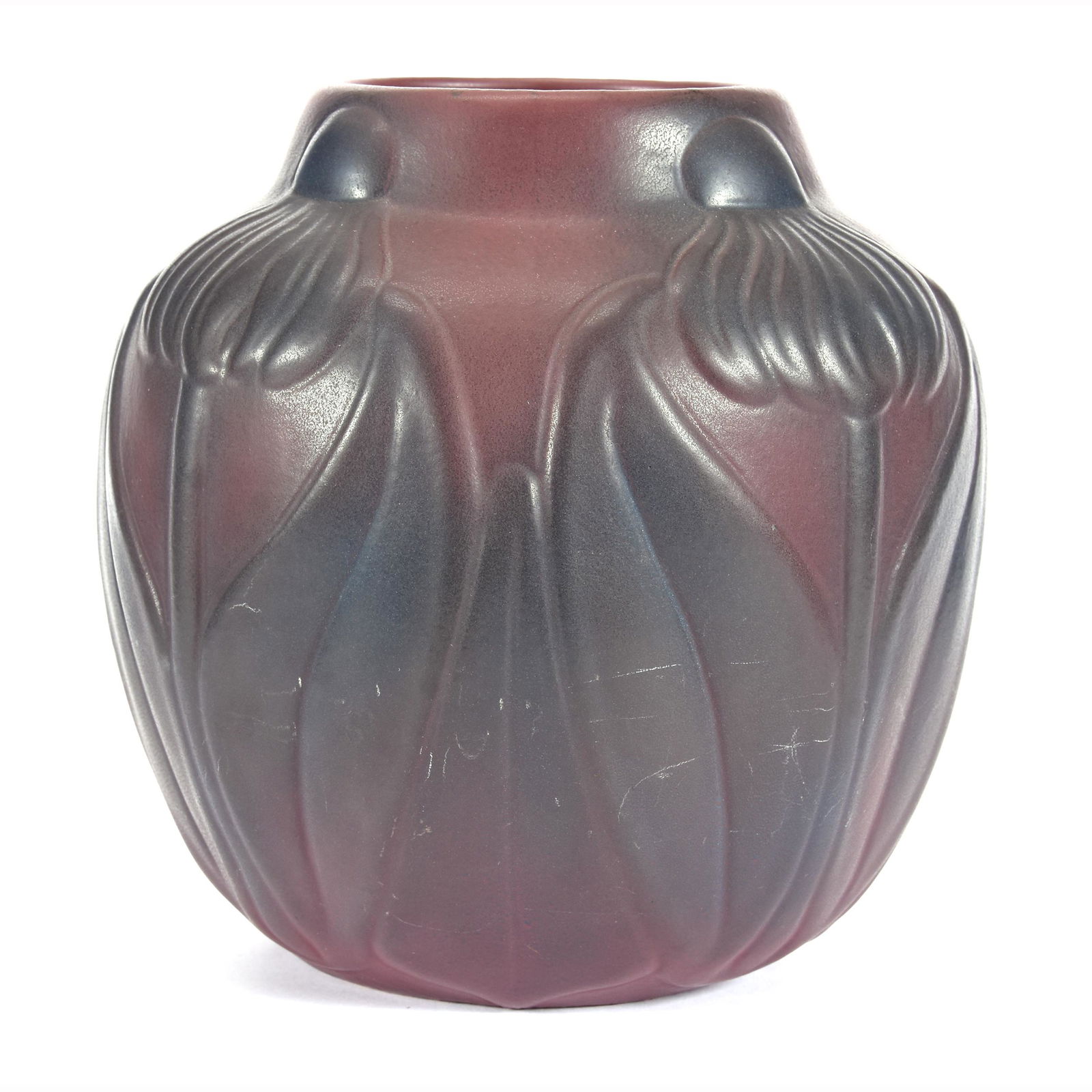 Vase, Van Briggle Art Pottery: Vase, Van Briggle Art Pottery, 9.5" x 9", Coneflower Pattern, Persian Rose (Mulberry) Glaze, Wonderful Size, Good Color, Circa 1919, Dean and Marilyn Zellers, KS