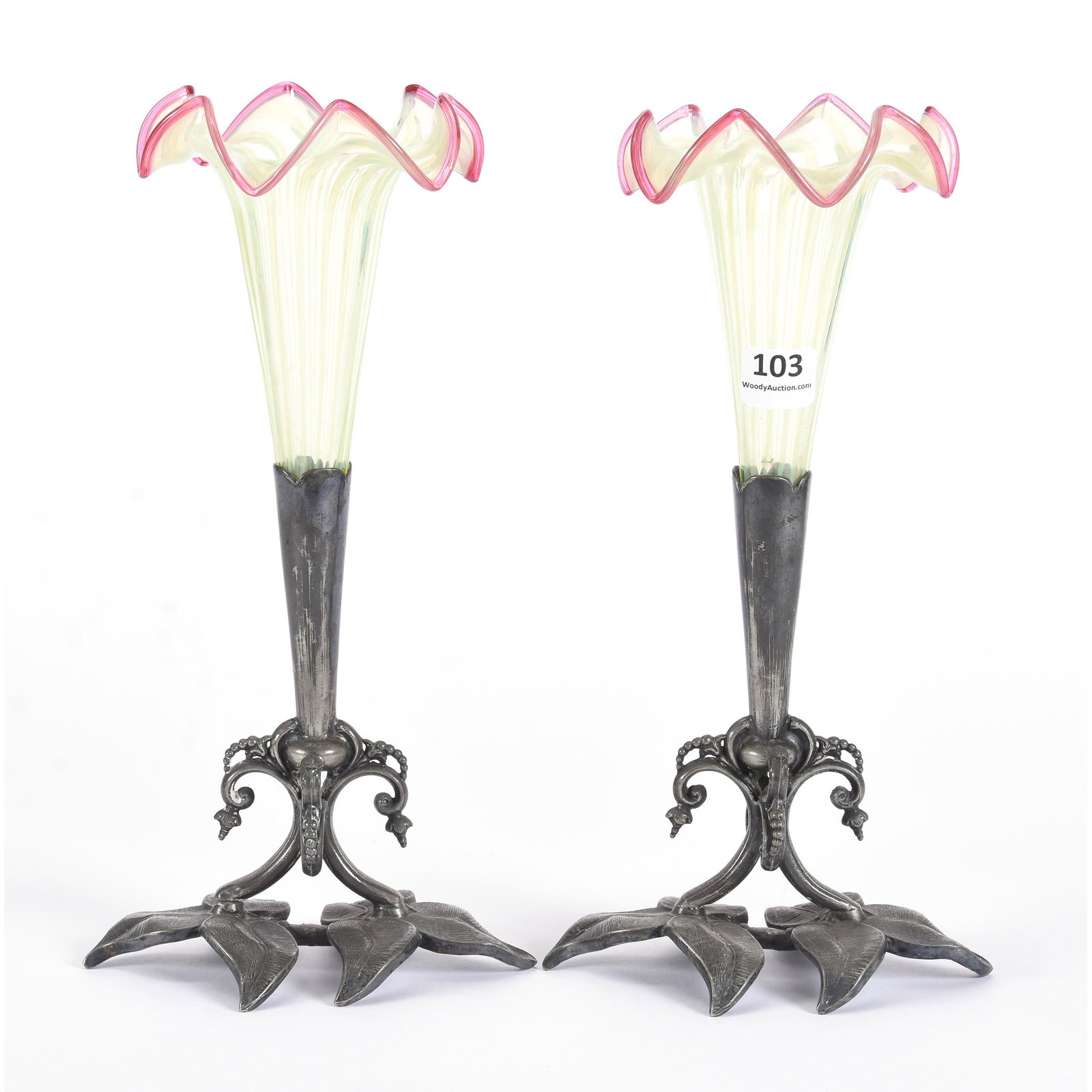 Pair Vases, Vaseline Opal Stripe Art Glass: Pair Vases, Vaseline Opal Stripe Art Glass, 10", Set on Figural Silverplate Bases, Pink Applied Ruffled Rim, Ron Duncan/Allen Goodwin