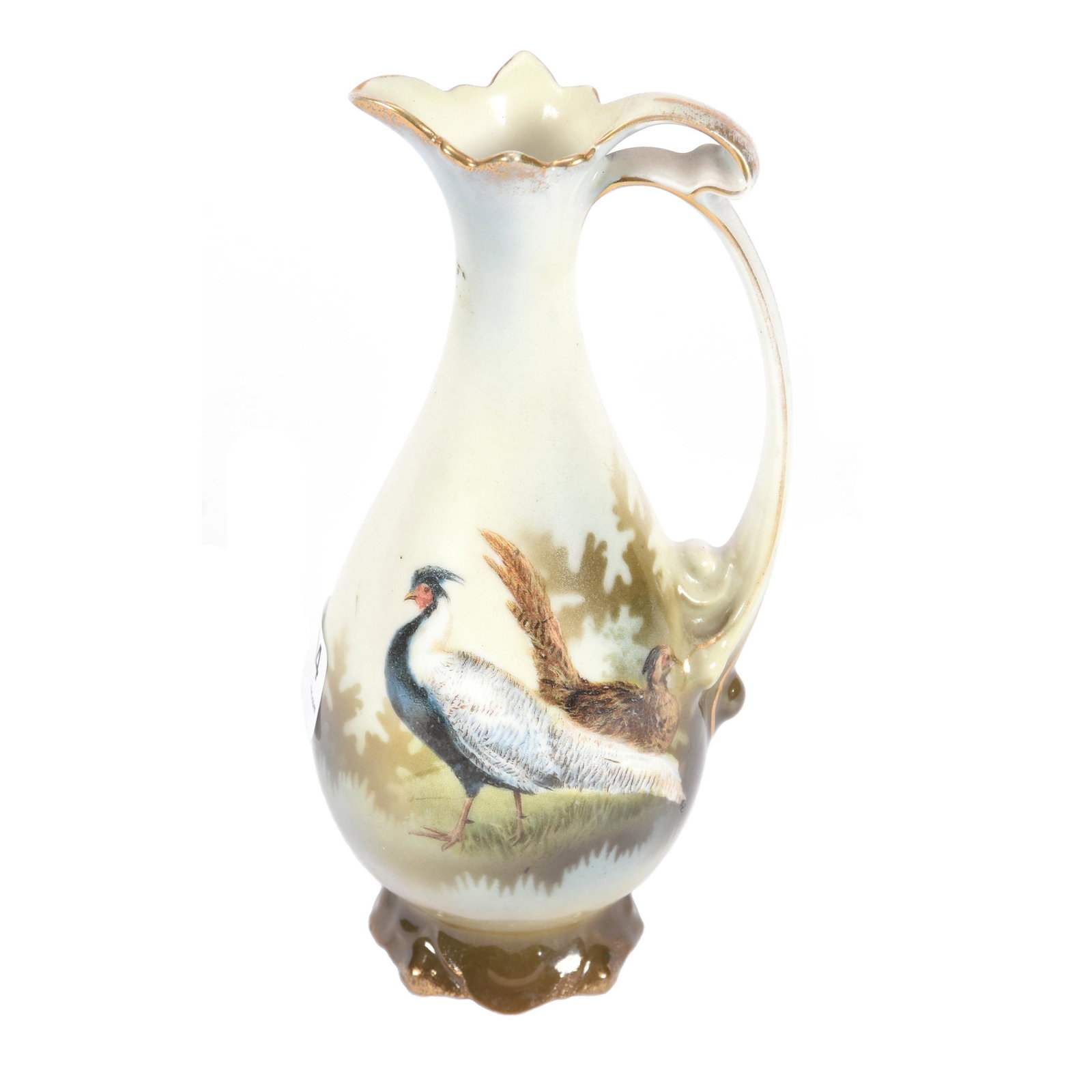 Ewer Marked R.S. Poland, Pheasant Scenic Decor: Ewer Marked R.S. Poland, Pheasant Scenic Decor, 6.25", Pale Green Background, The Clarence Meyer Estate, KS
