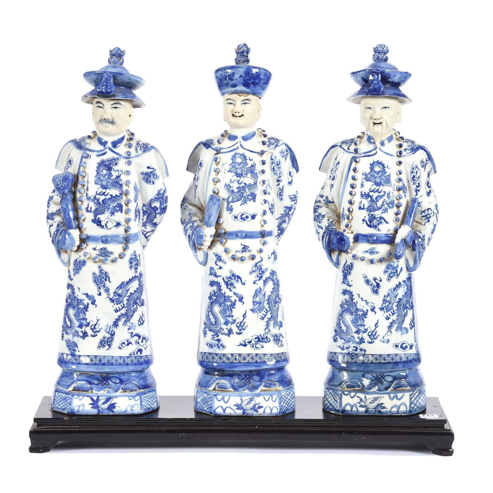 (3) Chinese Wise Men, 20th Century: (3) Chinese Wise Men, 20th Century, 17.5", Blue and White Porcelain, Selling with Flat Teakwood Stand, Ron Duncan/Allen Goodwin