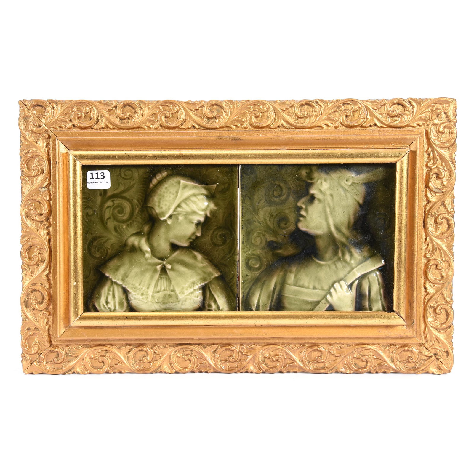 (2) Embossed Tiles By A.E. Tile Company: (2) Embossed Tiles by A.E. Tile Company, 6" x 6", Portraits of Romeo and Juliet, Green Glaze, Mounted Together in Wooden Gilt Frame, 10.5" x 15.5" Overall, Ron Duncan/Allen Goodwin