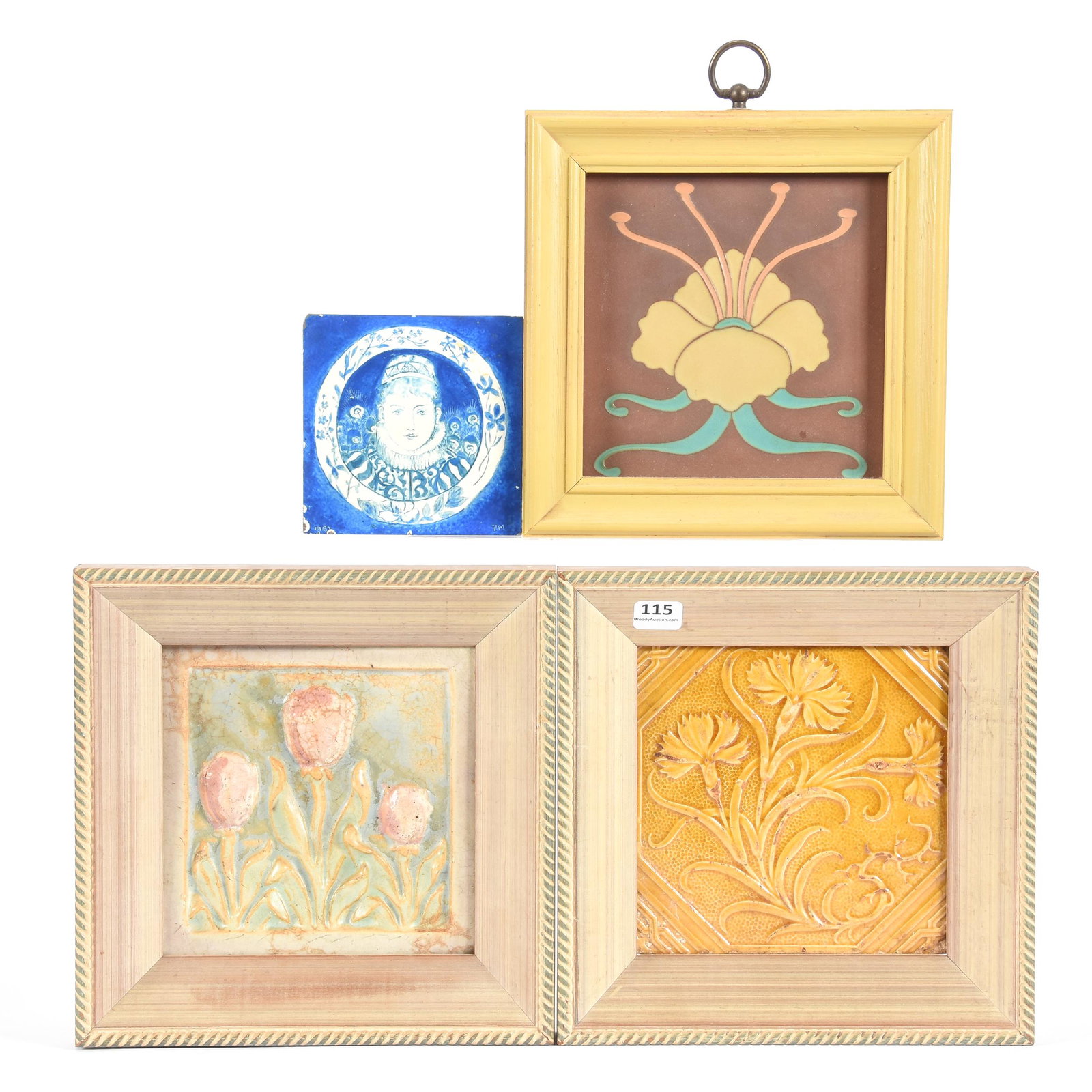 (4) Fireplace Tiles From Various Manufacturer's: (4) Fireplace Tiles From Various Manufacturer's, (1) 6" Marked Van Briggle with Floral Design, (1) 6" Marked Stoke on Trent, Embossed Floral Design, (1) 6" Marked Paducah Tile with Embossed Tulip Desi